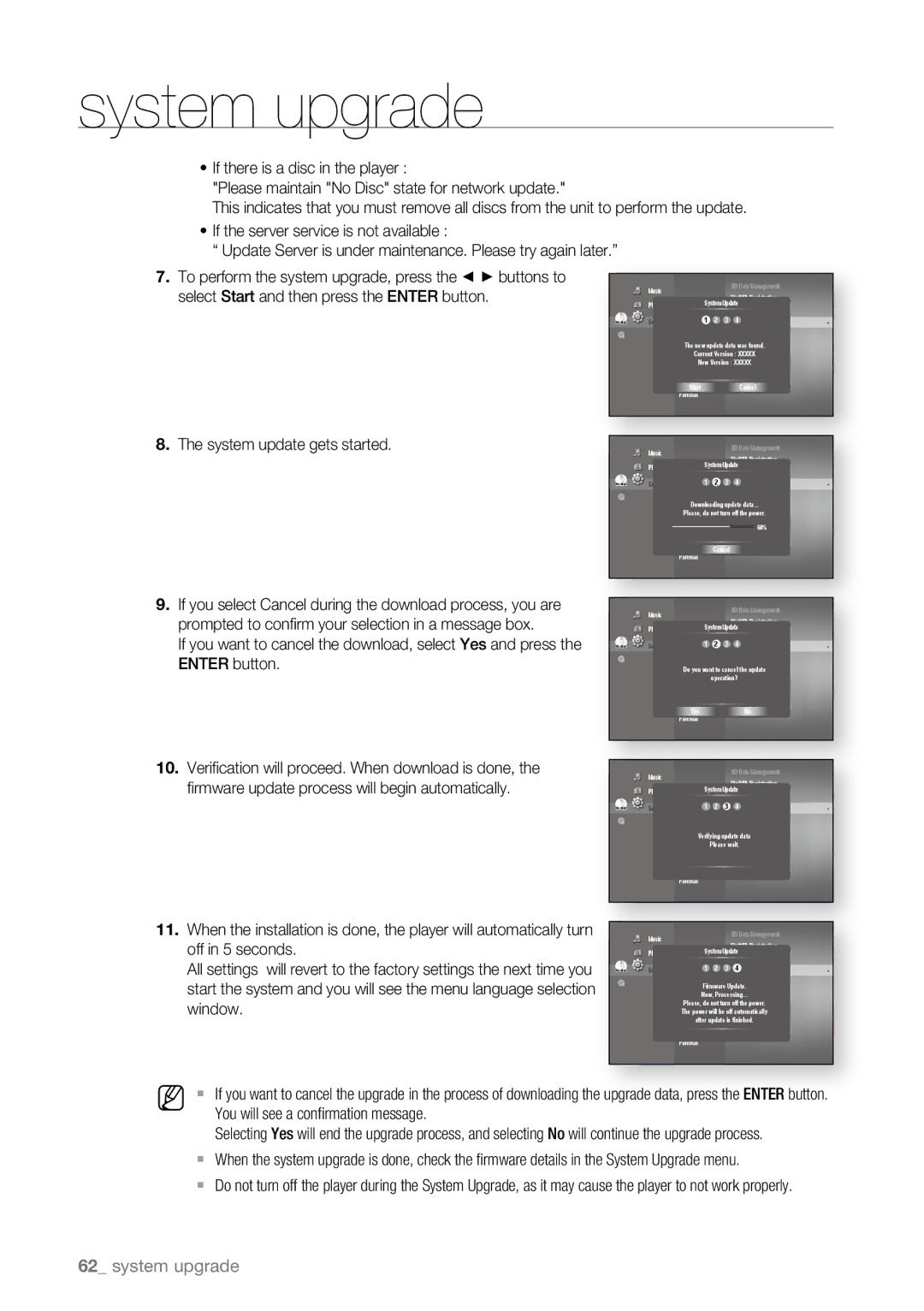 Samsung BD-P4600/EDC, BD-P4600/XEF  . To perform the system upgrade, press the + buttons to, System update gets started 