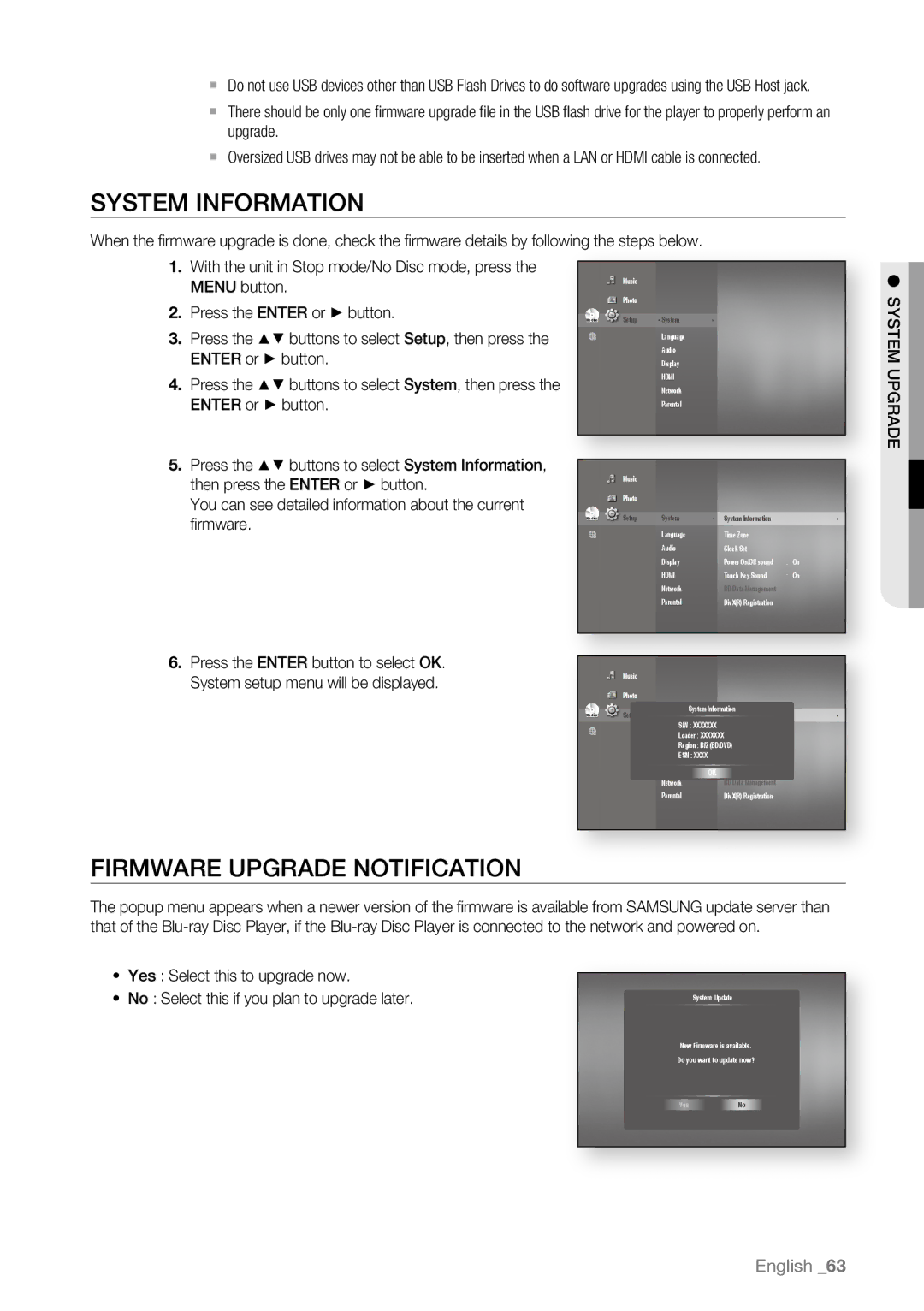 Samsung BD-P4600/XEE, BD-P4600/XEF, BD-P4600/EDC, BD-P4600/XEU manual System Information, Firmware upgrade notification, Stys 