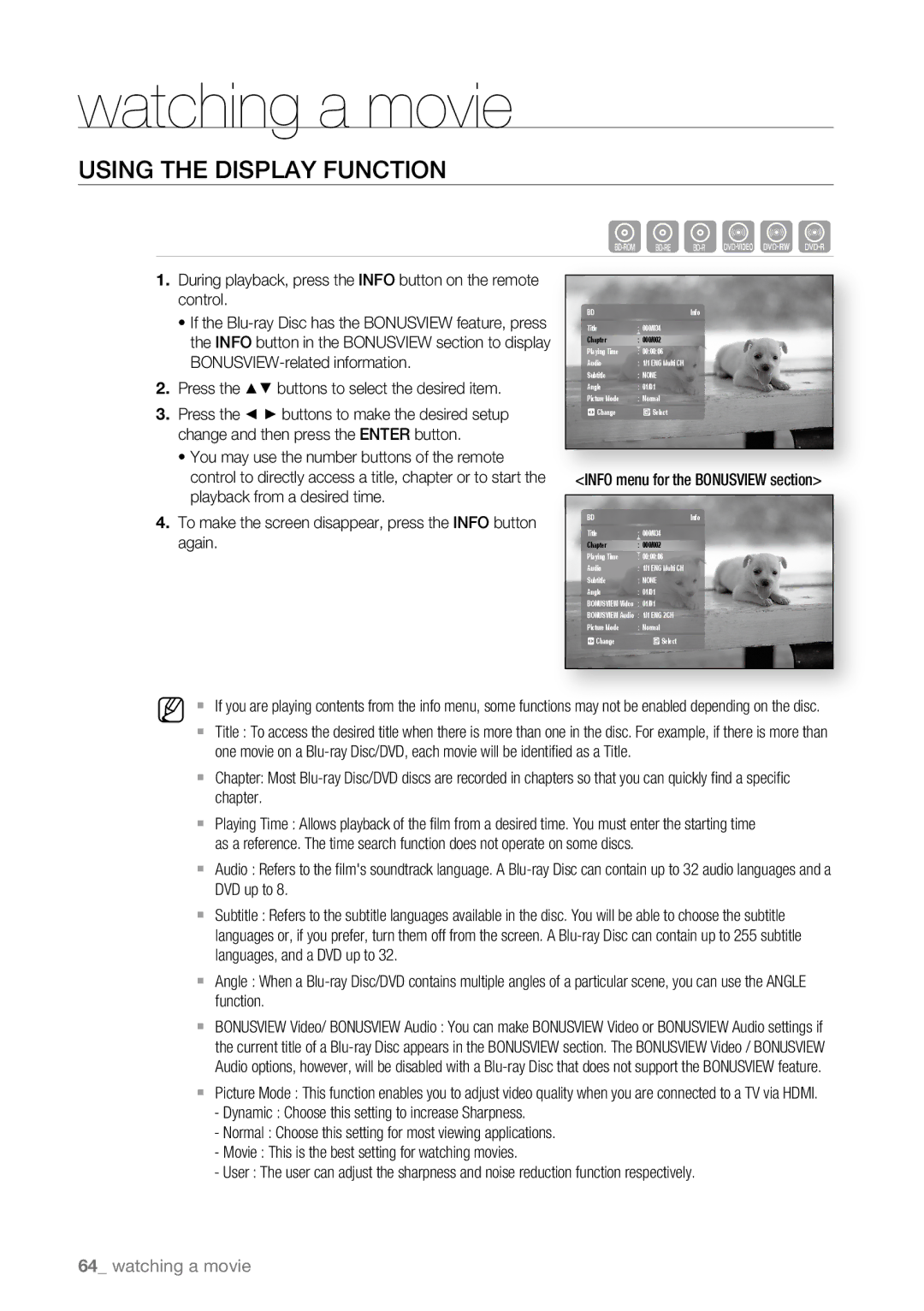 Samsung BD-P4600/XEU manual Watching a movie, Using the Display Function, . Press the buttons to select the desired item 