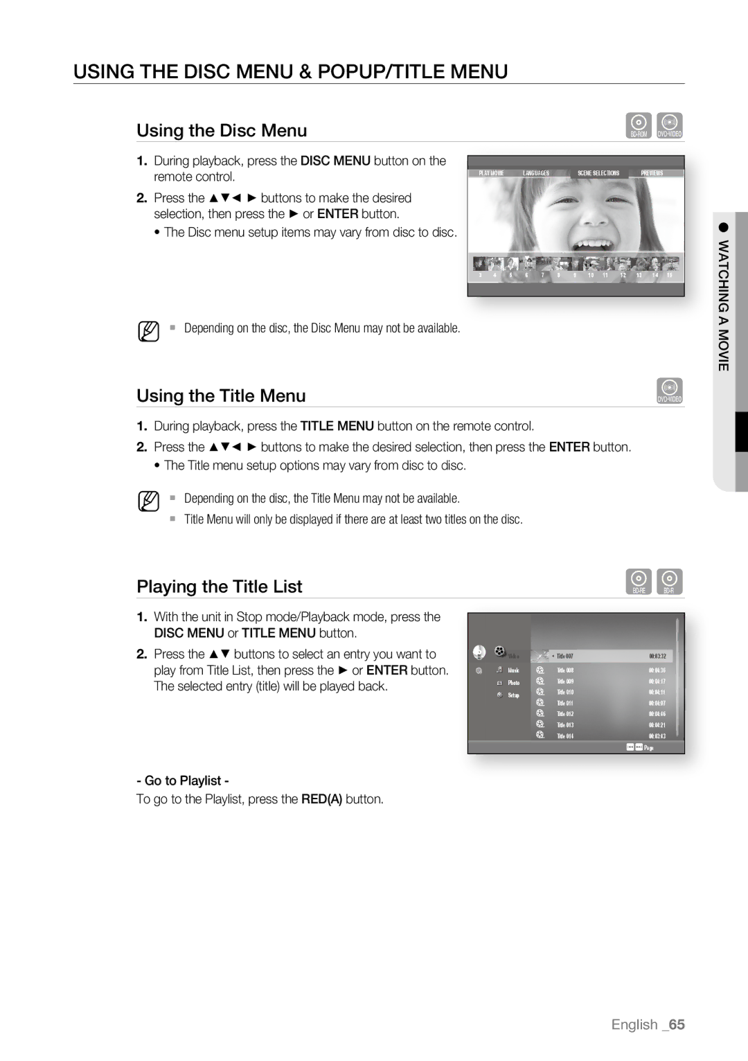 Samsung BD-P4600 manual Using the Disc Menu & Popup/Title Menu, Playing the Title List, Remote control, Gmovin Hicta W 