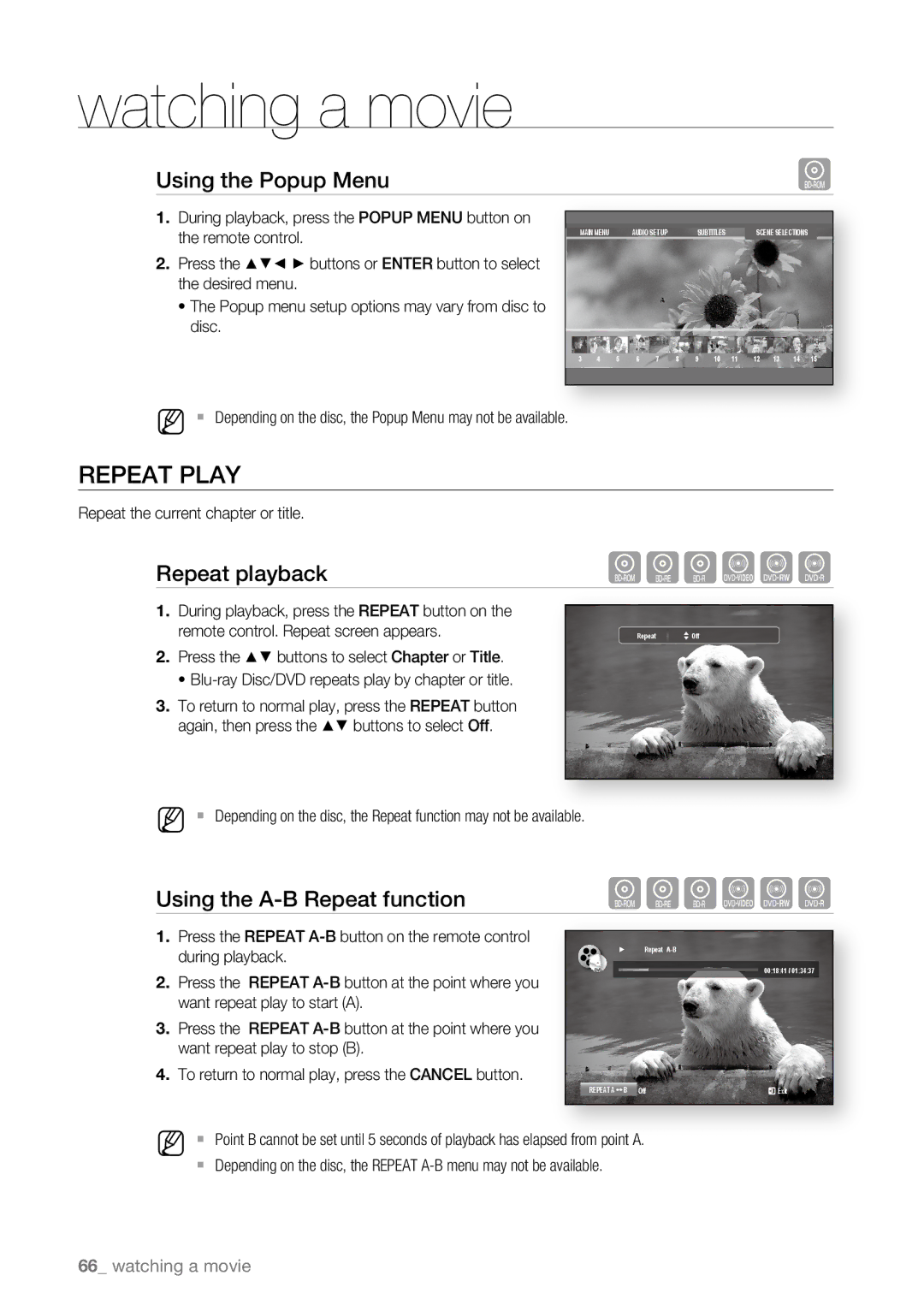 Samsung BD-P4600/XEF, BD-P4600/EDC manual Repeat Play, Using the Popup Menu, Repeat playback, Using the A-B Repeat function 