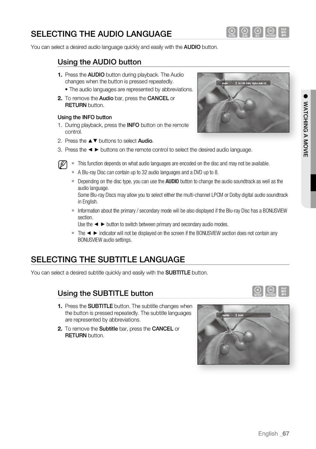 Samsung BD-P4600/EDC, BD-P4600/XEF Selecting the Audio Language, Selecting the Subtitle Language, Using the Audio button 