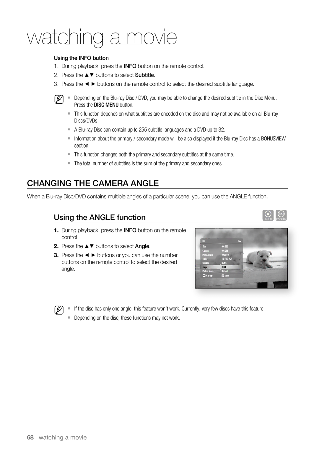 Samsung BD-P4600/XEE manual Changing the Camera Angle, Using the Angle function, Control Press the buttons to select Angle 