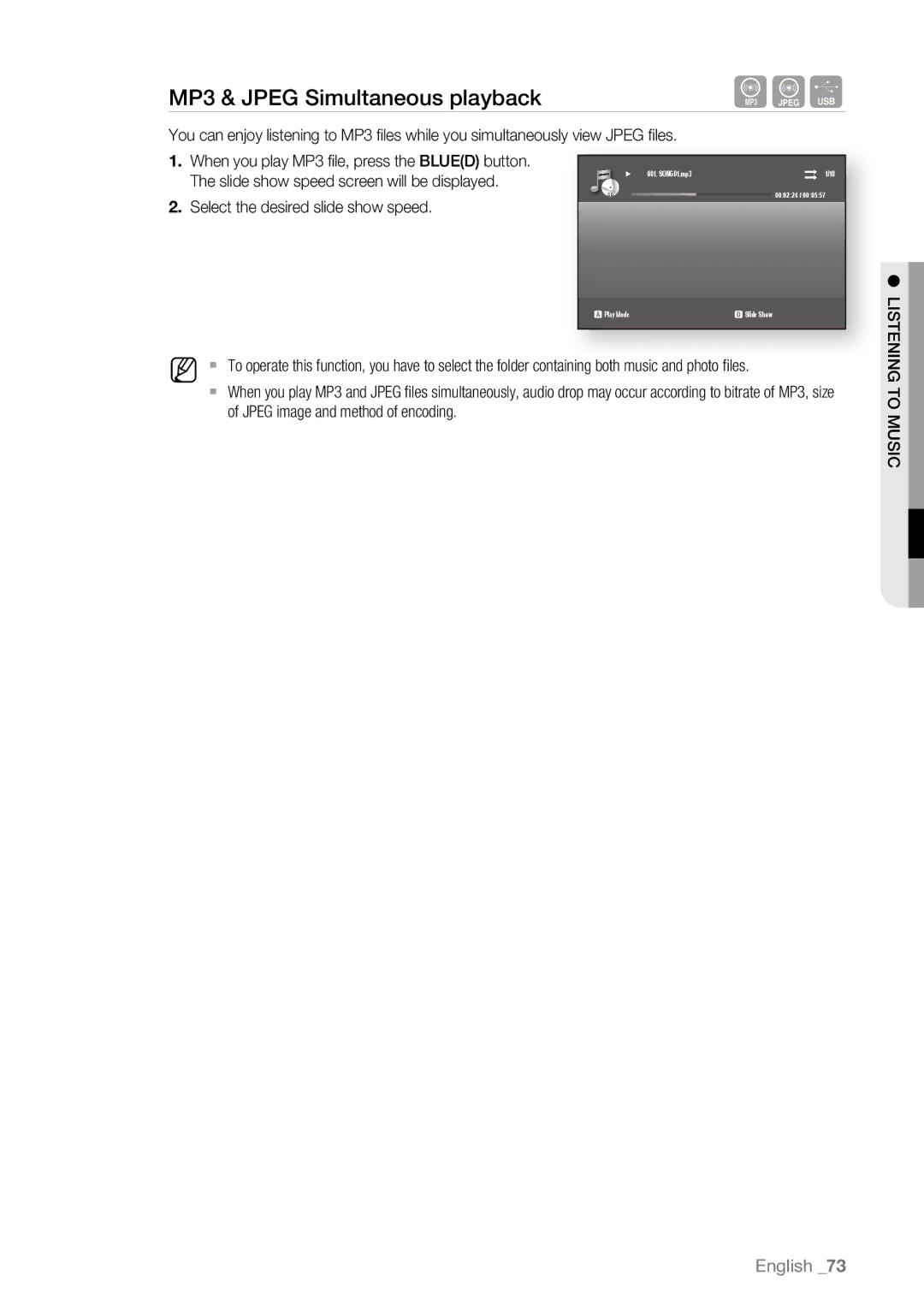 Samsung BD-P4600/XEE MP3 & Jpeg Simultaneous playback, Slide show speed screen will be displayed, SIU G Into MEN List 