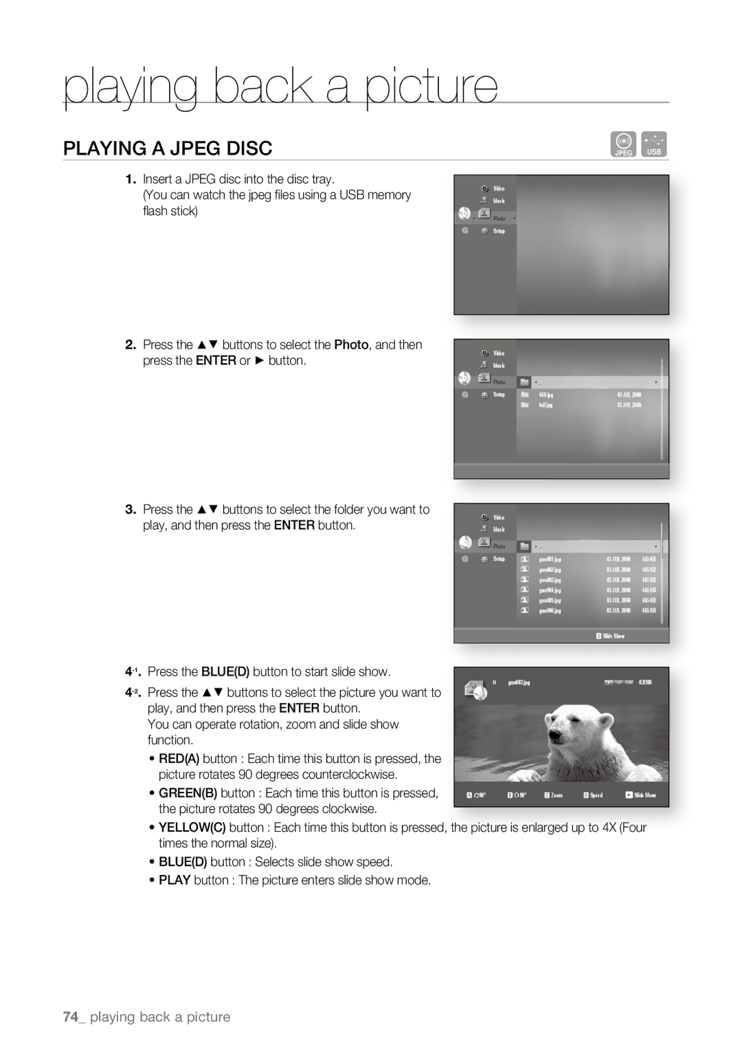 Samsung BD-P4600/XEU, BD-P4600/XEF, BD-P4600/EDC, BD-P4600/XEE manual Playing back a picture, Playing a Jpeg disc 