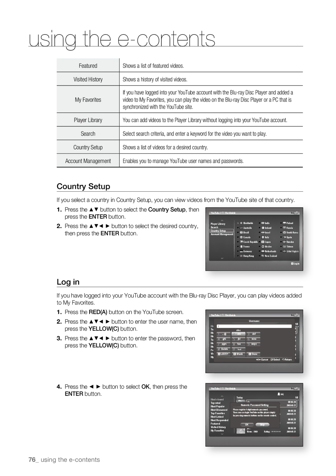 Samsung BD-P4600/XEF, BD-P4600/EDC, BD-P4600/XEE, BD-P4600/XEU manual Country Setup, Log 