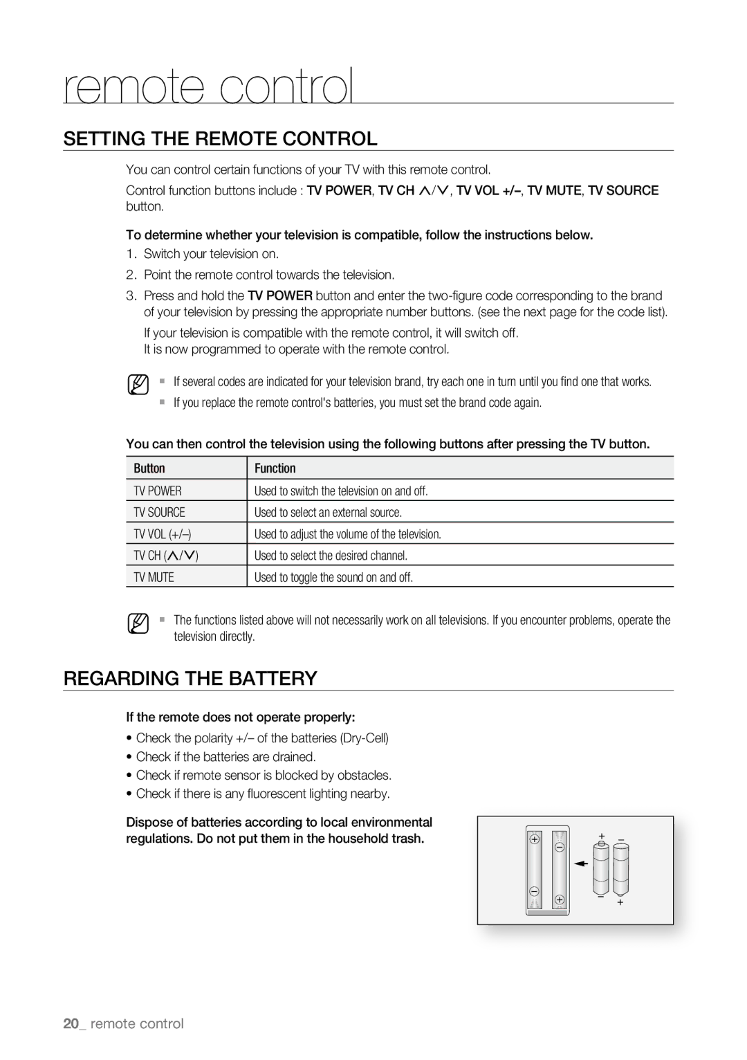 Samsung BD-P4600/XEF, BD-P4600/EDC manual Setting the Remote Control, Regarding the Battery, TV Power, TV Source, TV Mute 