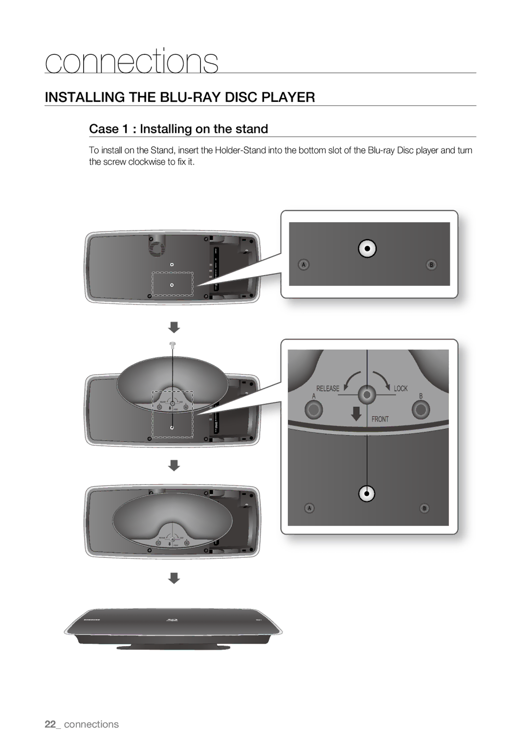 Samsung BD-P4600/EDC, BD-P4600/XEF manual Connections, InSTallIng the Blu-RaY DISc PlaYeR, Case 1 Installing on the stand 
