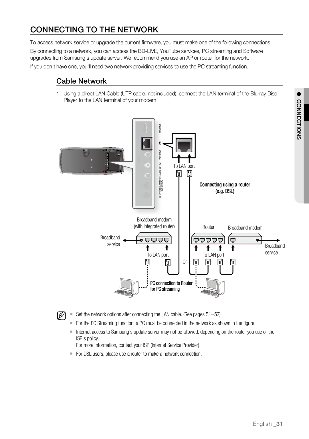Samsung BD-P4600/XEF manual Connecting to the Network, Cable Network, Broadband modem With integrated router, Service 