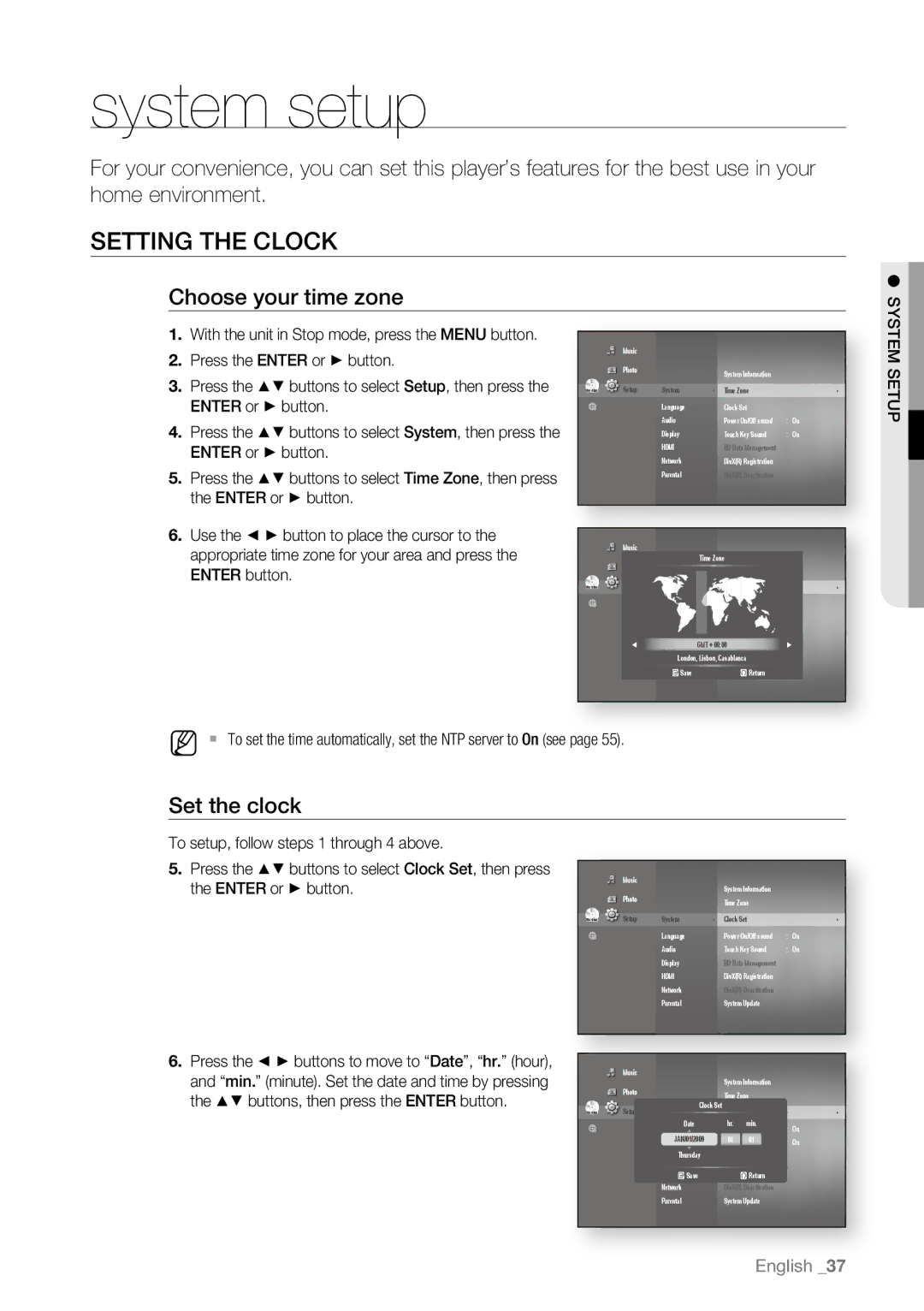 Samsung BD-P4600/EDC, BD-P4600/XEF, BD-P4600/XEE manual System setup, Setting the Clock, Choose your time zone, Set the clock 