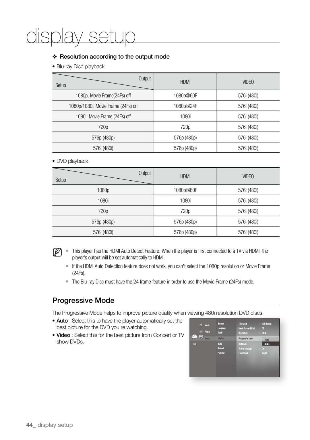 Samsung BD-P4600/XEU, BD-P4600/XEF, BD-P4600/EDC manual Progressive Mode, Best picture for the DVD youre watching, Show DVDs 