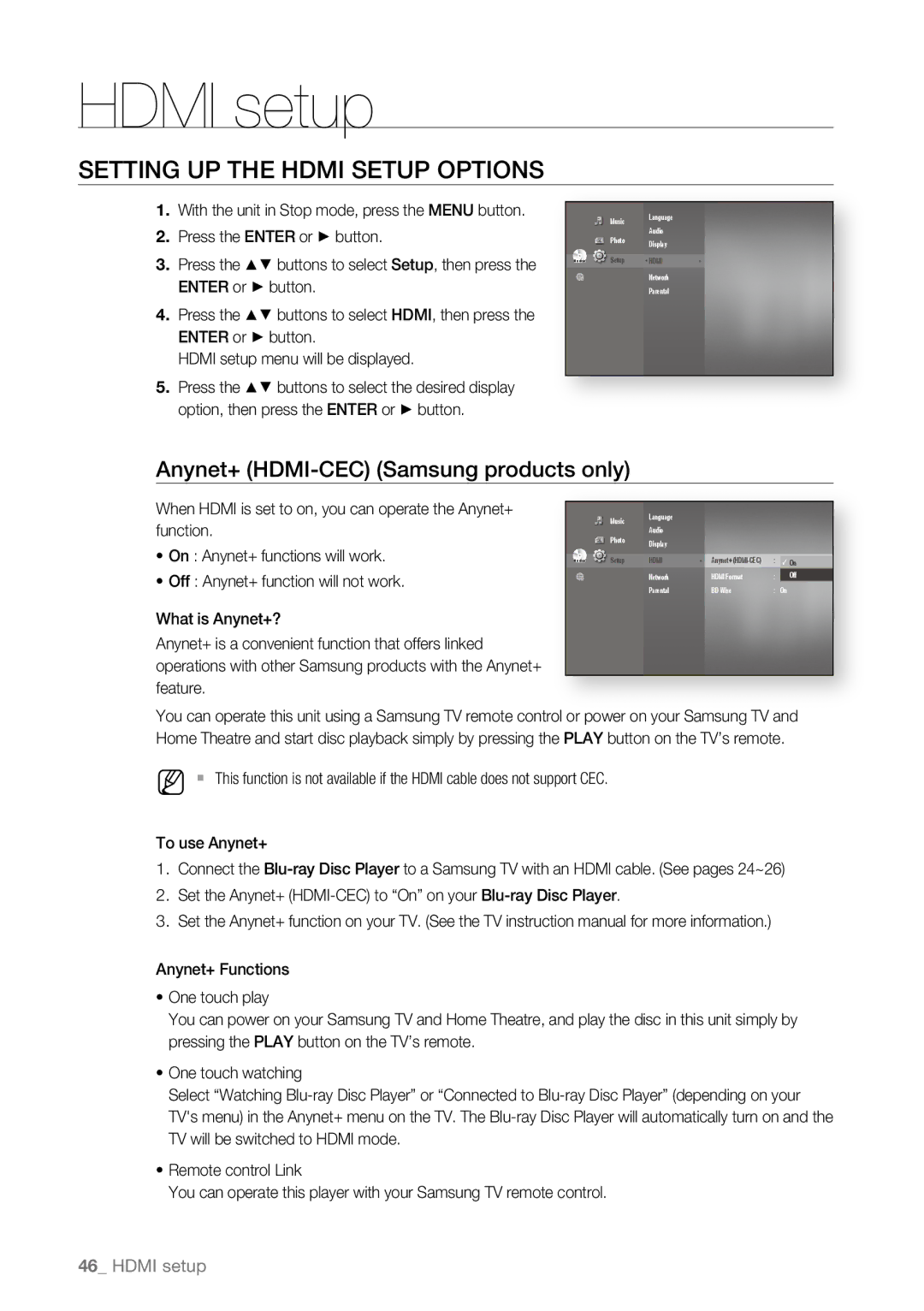 Samsung BD-P4600/XEF, BD-P4600/EDC manual Setting up the Hdmi setup options, Anynet+ HDMI-CEC Samsung products only 