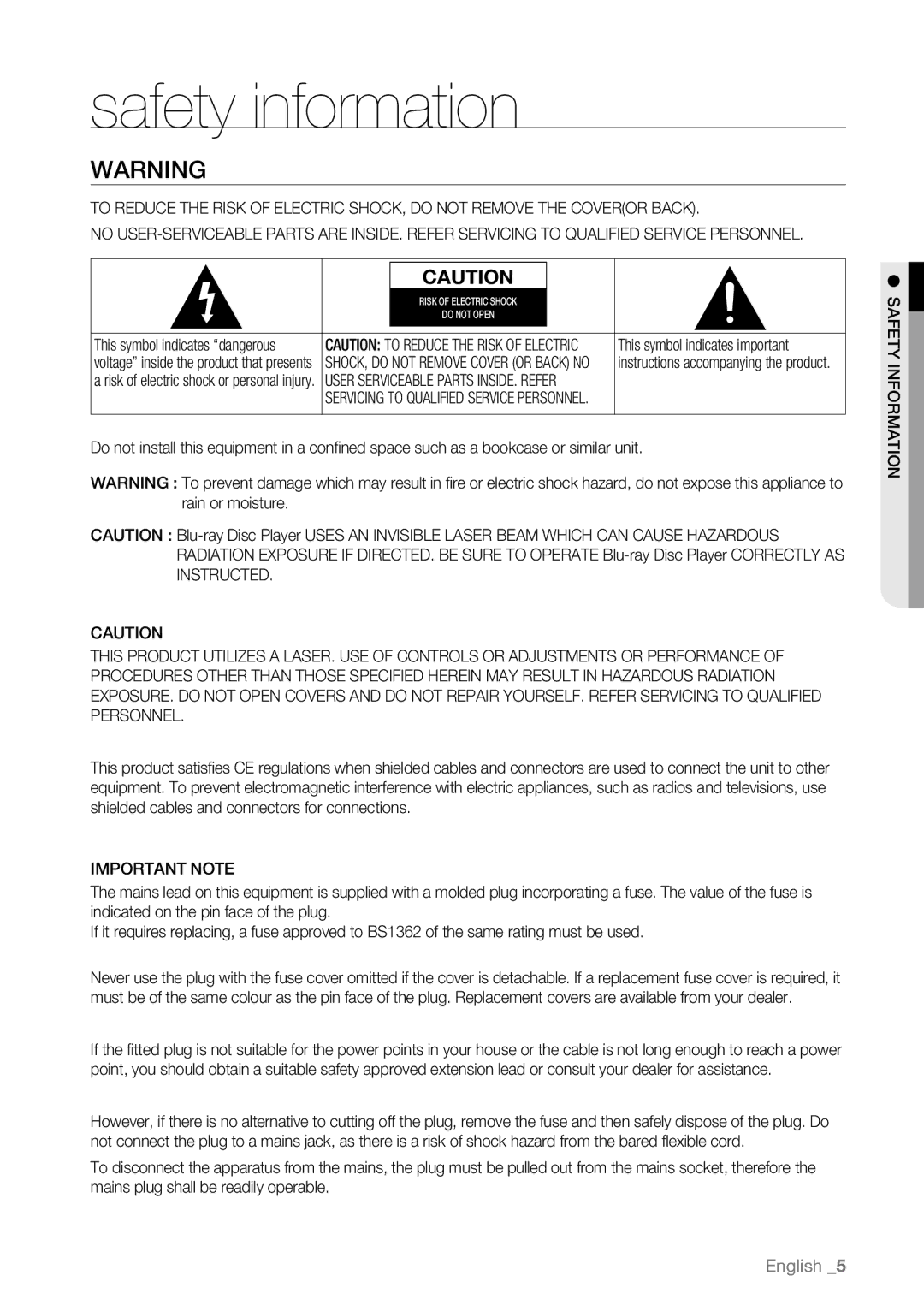 Samsung BD-P4600/XEF, BD-P4600/EDC, BD-P4600/XEE, BD-P4600/XEU Safety information, Important Note, Atiomr FON Iytefas 