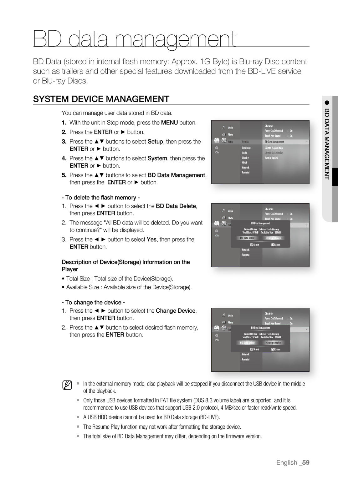 Samsung BD-P4600/XEU, BD-P4600/XEF, BD-P4600/EDC, BD-P4600/XEE BD data management, System Device Management, Bd D, Playback 