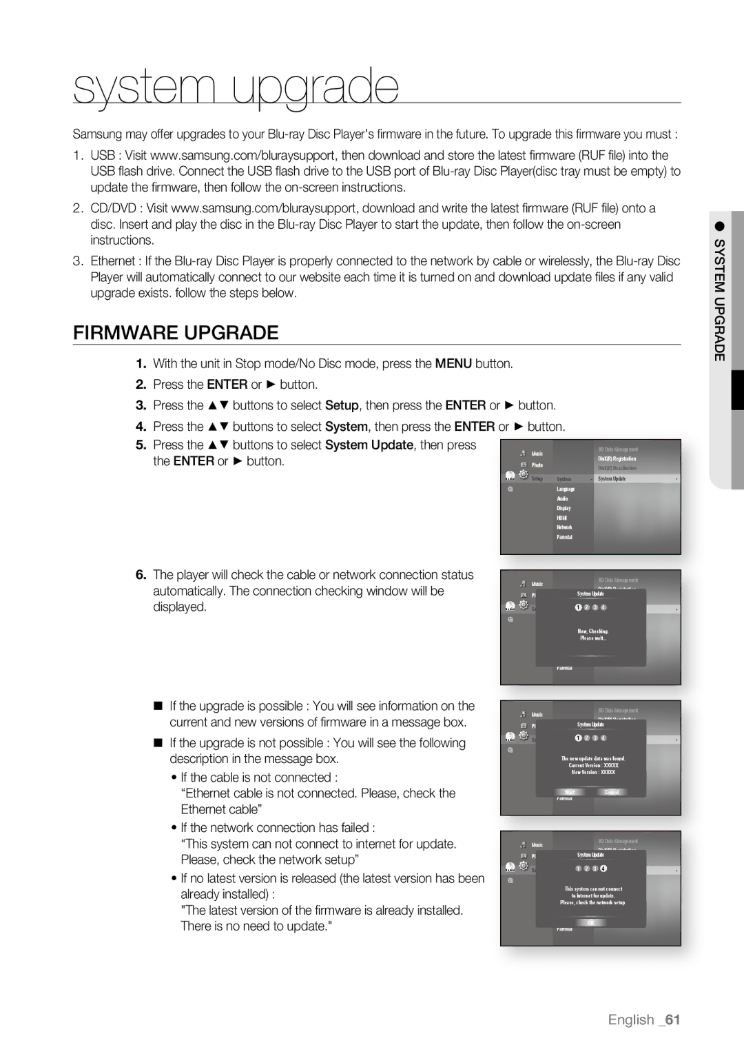 Samsung BD-P4600/XEF System upgrade, . Press the Enter or button, Automatically. The connection checking window will be 