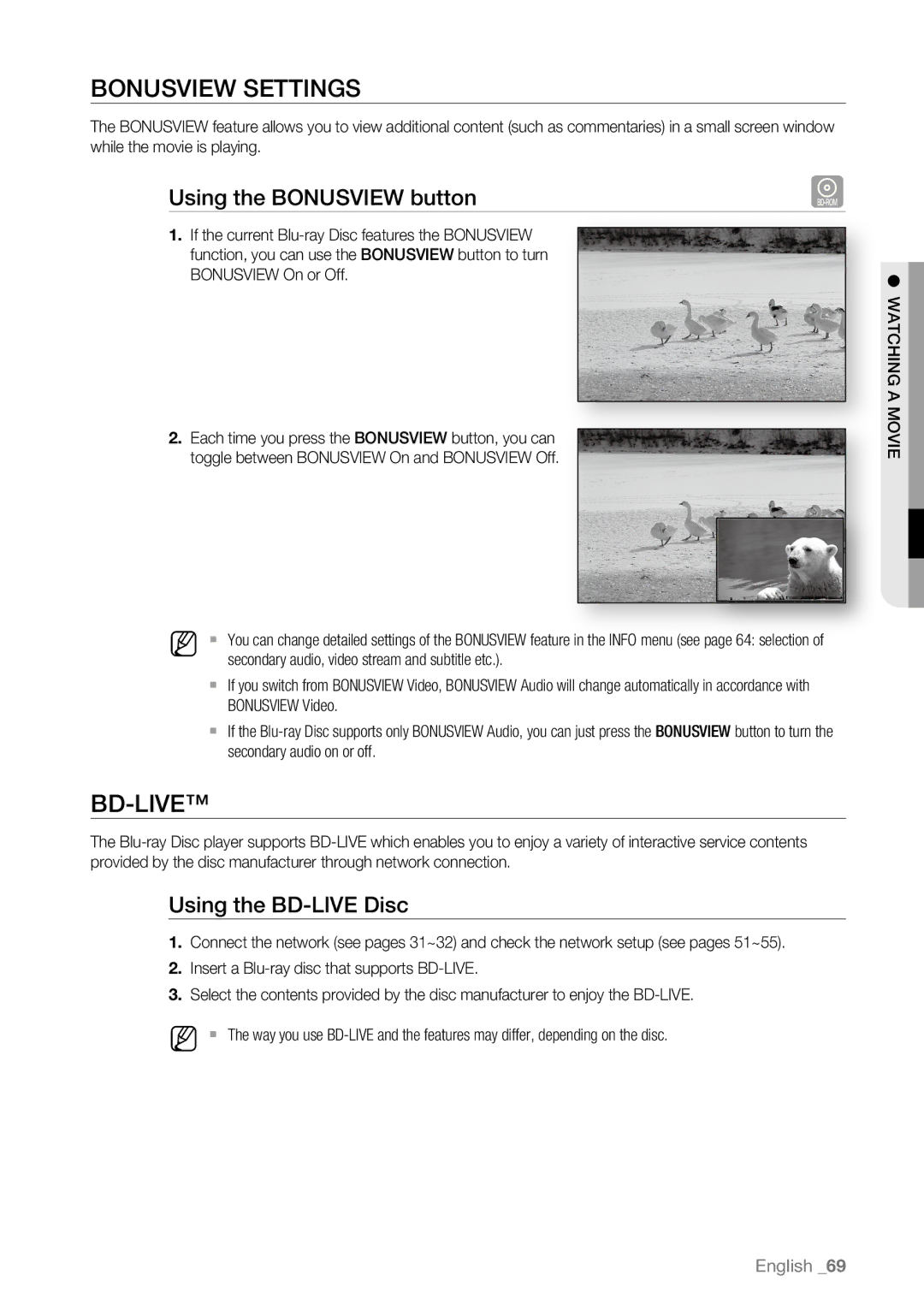 Samsung BD-P4600/XEU, BD-P4600/XEF manual Bonusview Settings, Bd-Live, Using the Bonusview button, Using the BD-LIVE Disc 