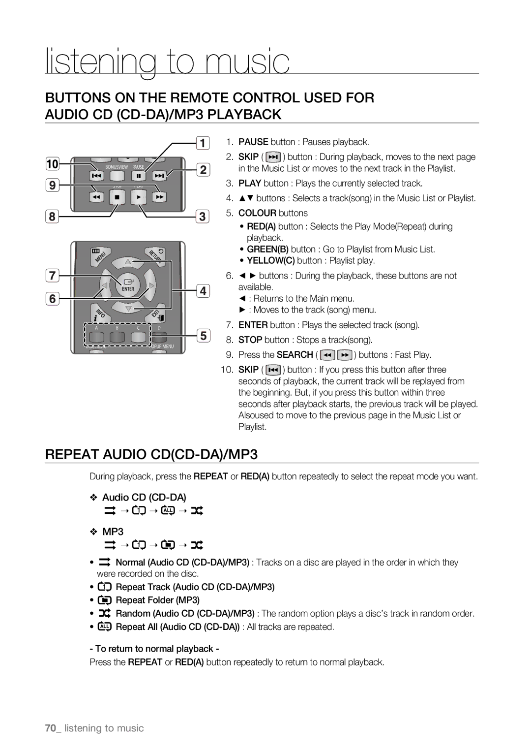 Samsung BD-P4600/XEF, BD-P4600/EDC manual Listening to music, Repeat Audio CDCD-DA/MP3, Pause button Pauses playback 