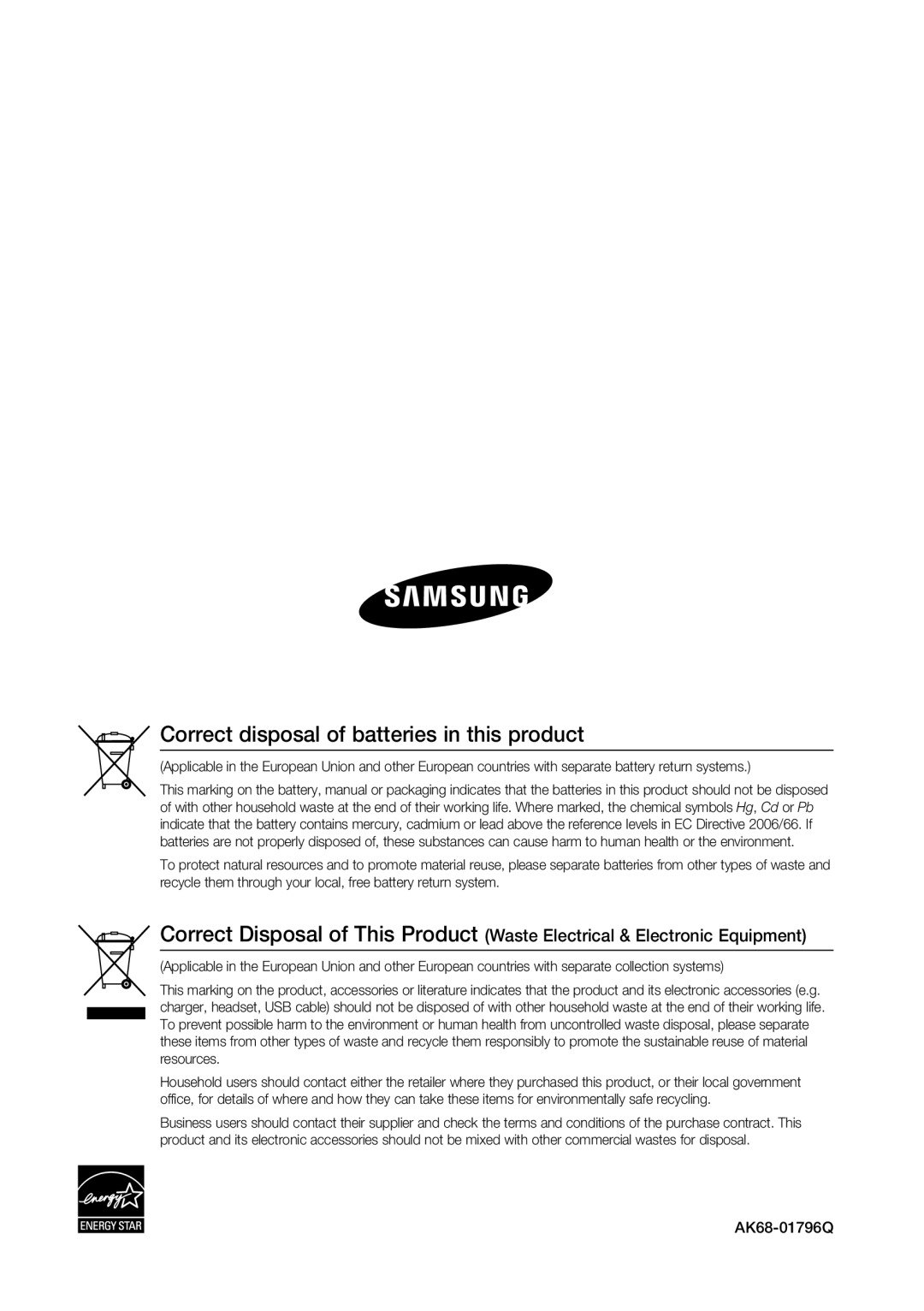 Samsung BD-P4600/XEE, BD-P4600/XEF, BD-P4600/EDC, BD-P4600/XEU manual Correct disposal of batteries in this product 