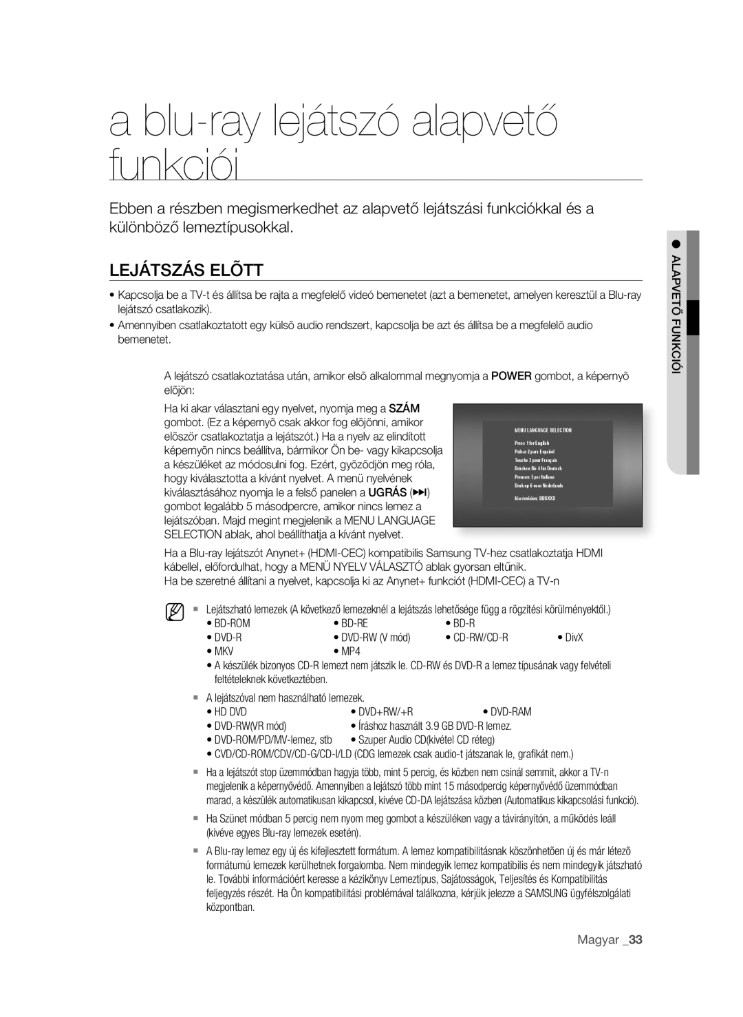 Samsung BD-P4600/XEE, BD-P4600/XEF Blu-ray lejátszó alapvető funkciói, LeJátszás elõtt, Cd-Rw/Cd-R, Mkv, Hd Dvd Dvd+Rw/+R 