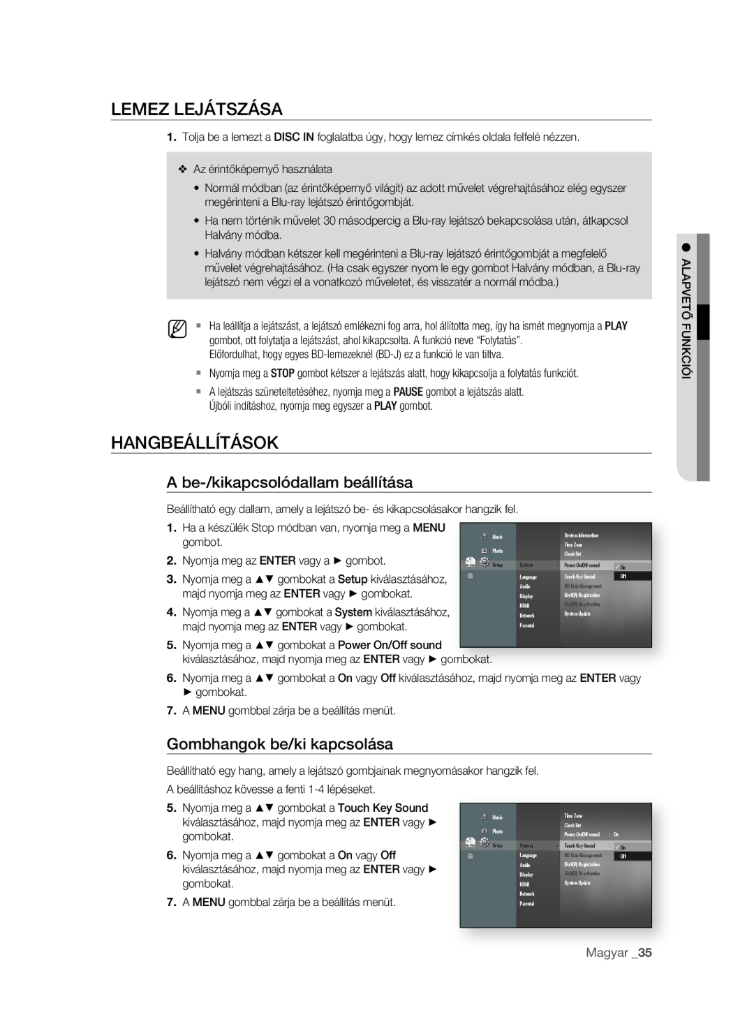 Samsung BD-P4600 manual Lemez leJátszásA, HAngbeállítások, Be-/kikapcsolódallam beállítása, Gombhangok be/ki kapcsolása 