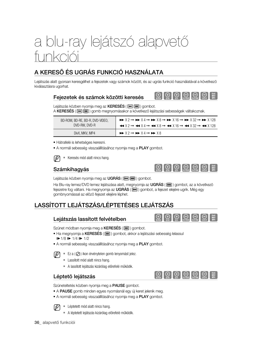 Samsung BD-P4600/XEF, BD-P4600/EDC manual Keresõ és ugrás funkció használata, LasSítoTt lejátszás/Léptetéses lejátszás 