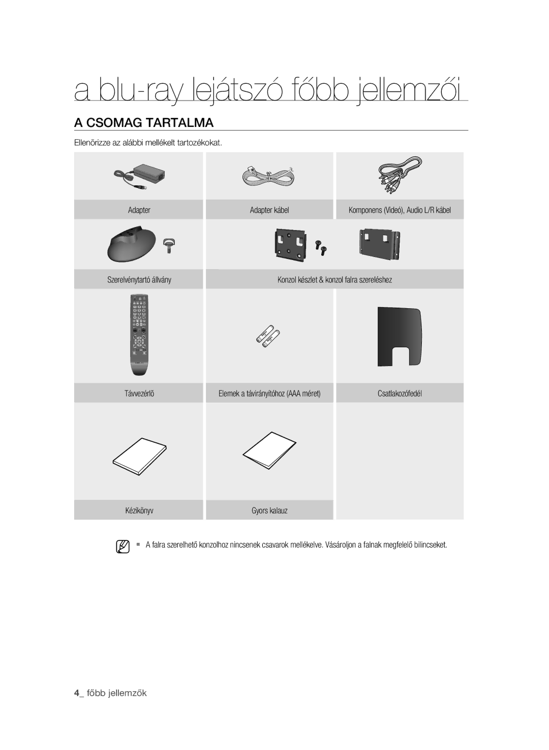 Samsung BD-P4600/XEU, BD-P4600/XEF, BD-P4600/EDC, BD-P4600/XEE Csomag tartalma, Konzol készlet & konzol falra szereléshez 