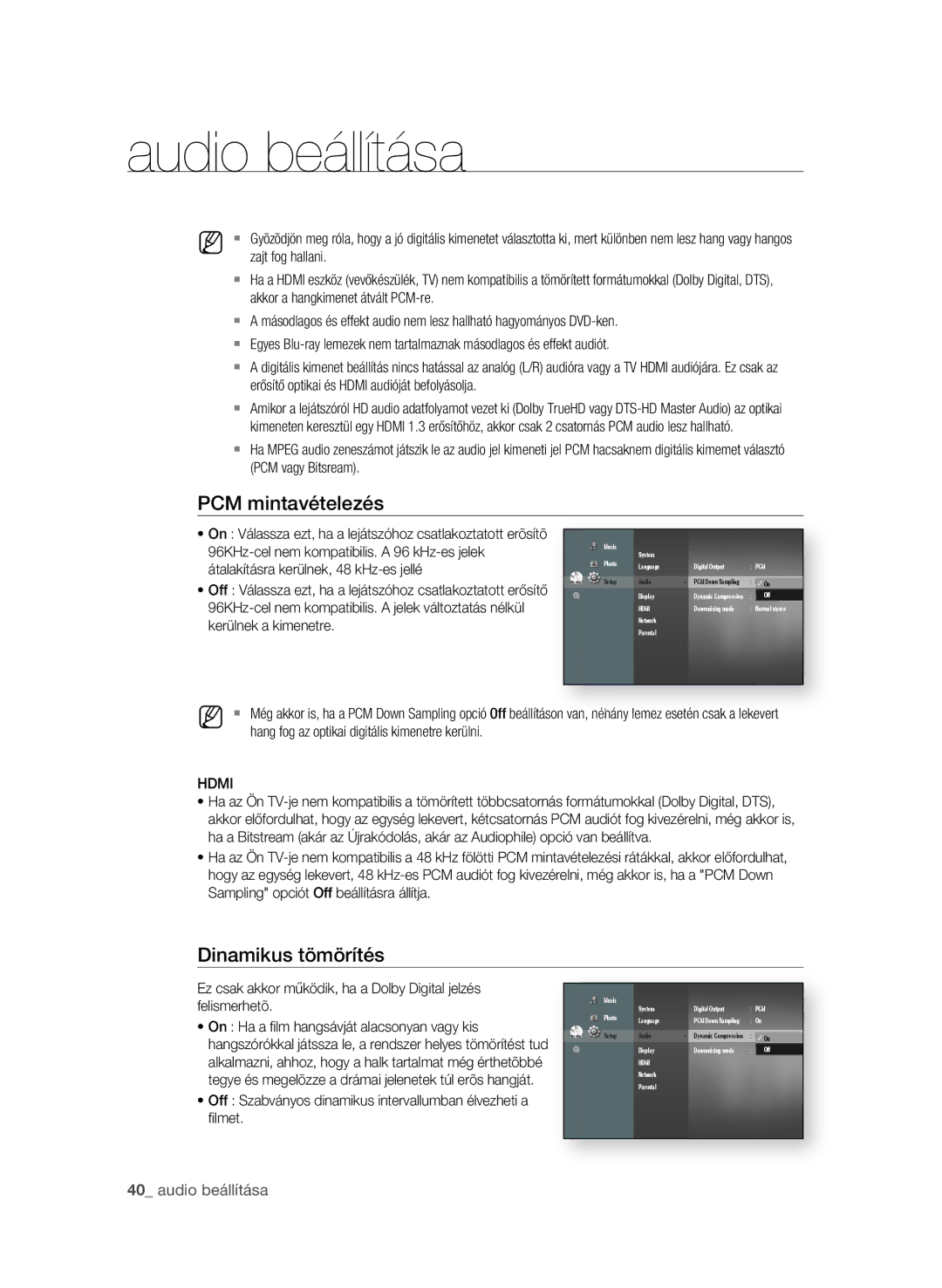 Samsung BD-P4600/XEF, BD-P4600/EDC manual Pcm mintavételezés, Dinamikus tömörítés, Kerülnek a kimenetre, Felismerhetõ 