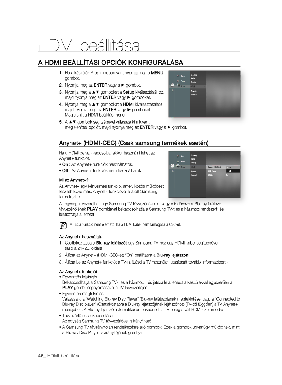 Samsung BD-P4600/XEF Hdmi beállítása, Hdmi beállítási oPciók konFigurálásA, Anynet+ hdmi-cec csak samsung termékek esetén 