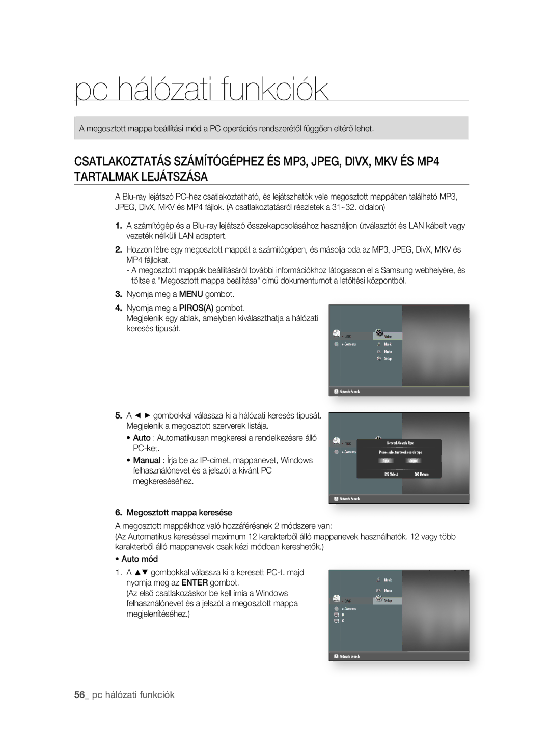 Samsung BD-P4600/XEF, BD-P4600/EDC, BD-P4600/XEE, BD-P4600/XEU manual Pc hálózati funkciók,  pc hálózati funkciók 