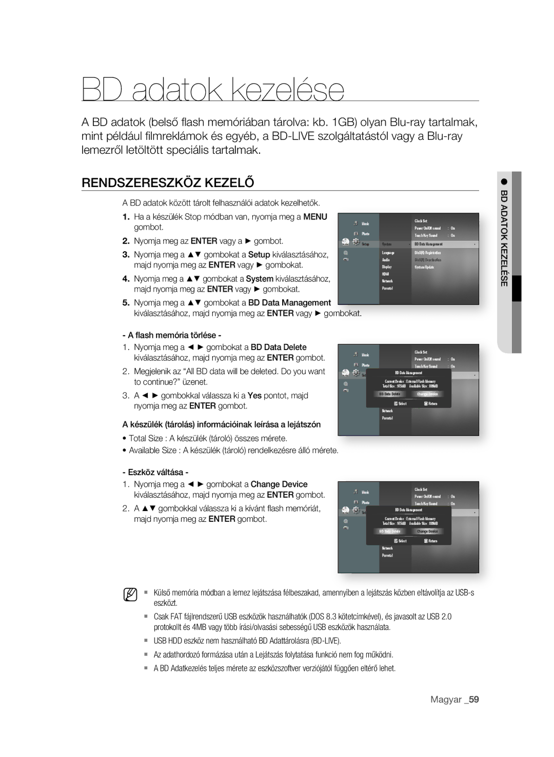 Samsung BD-P4600/XEU, BD-P4600/XEF, BD-P4600/EDC, BD-P4600/XEE BD adatok kezelése, Rendszereszköz kezelő, AdAtok kezelése 