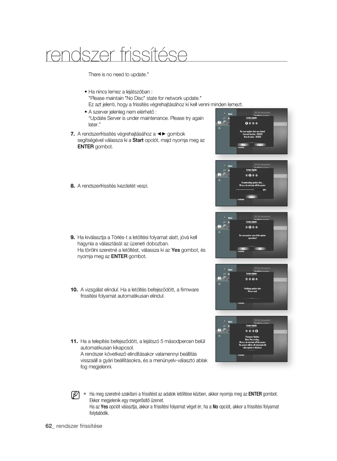 Samsung BD-P4600/EDC, BD-P4600/XEF, BD-P4600/XEE manual There is no need to update Ha nincs lemez a lejátszóban, HDMI60% 