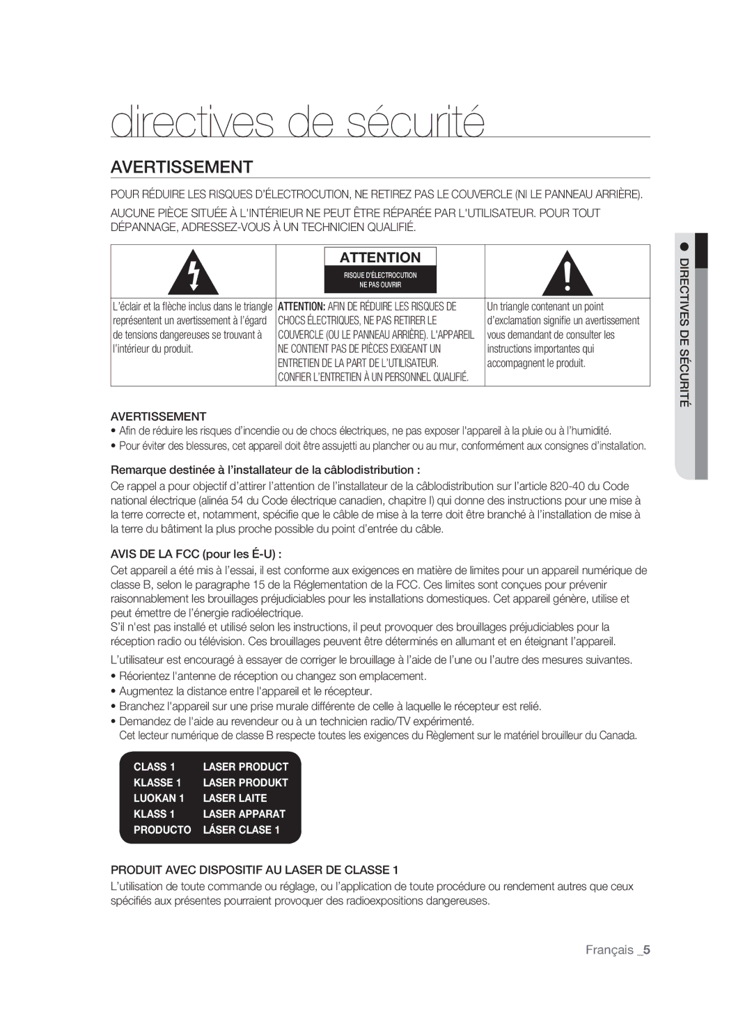 Samsung BD-P4600 user manual Directives de sécurité, Avertissement, Français , Produit Avec Dispositif AU Laser DE Classe 