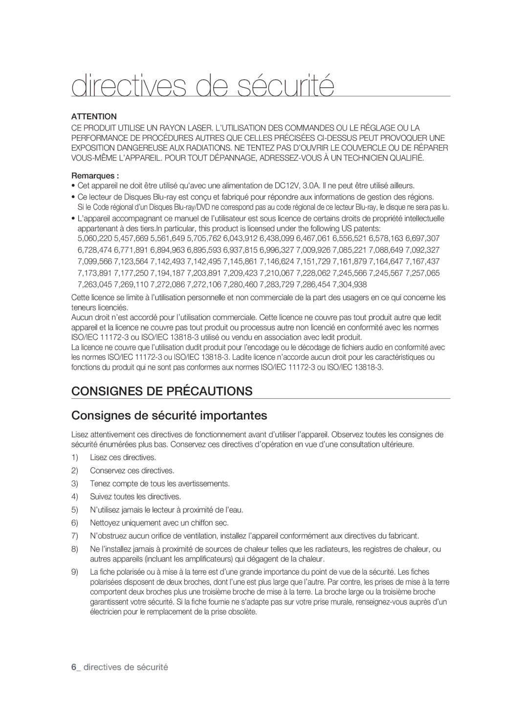 Samsung BD-P4600 user manual Consignes de précautions Consignes de sécurité importantes,  directives de sécurité 