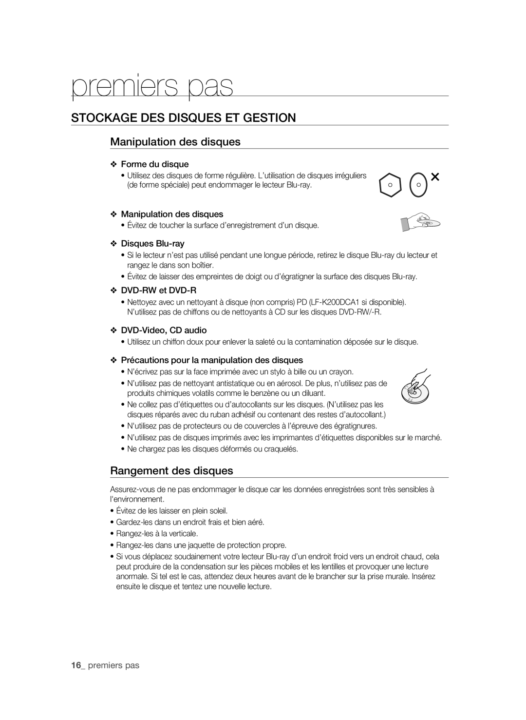 Samsung BD-P4600 user manual Stockage des disques et gestion, Manipulation des disques, Rangement des disques 