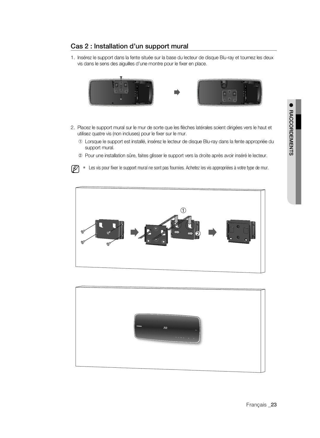 Samsung BD-P4600 user manual Cas 2 installation d’un support mural, RAccOrdements 