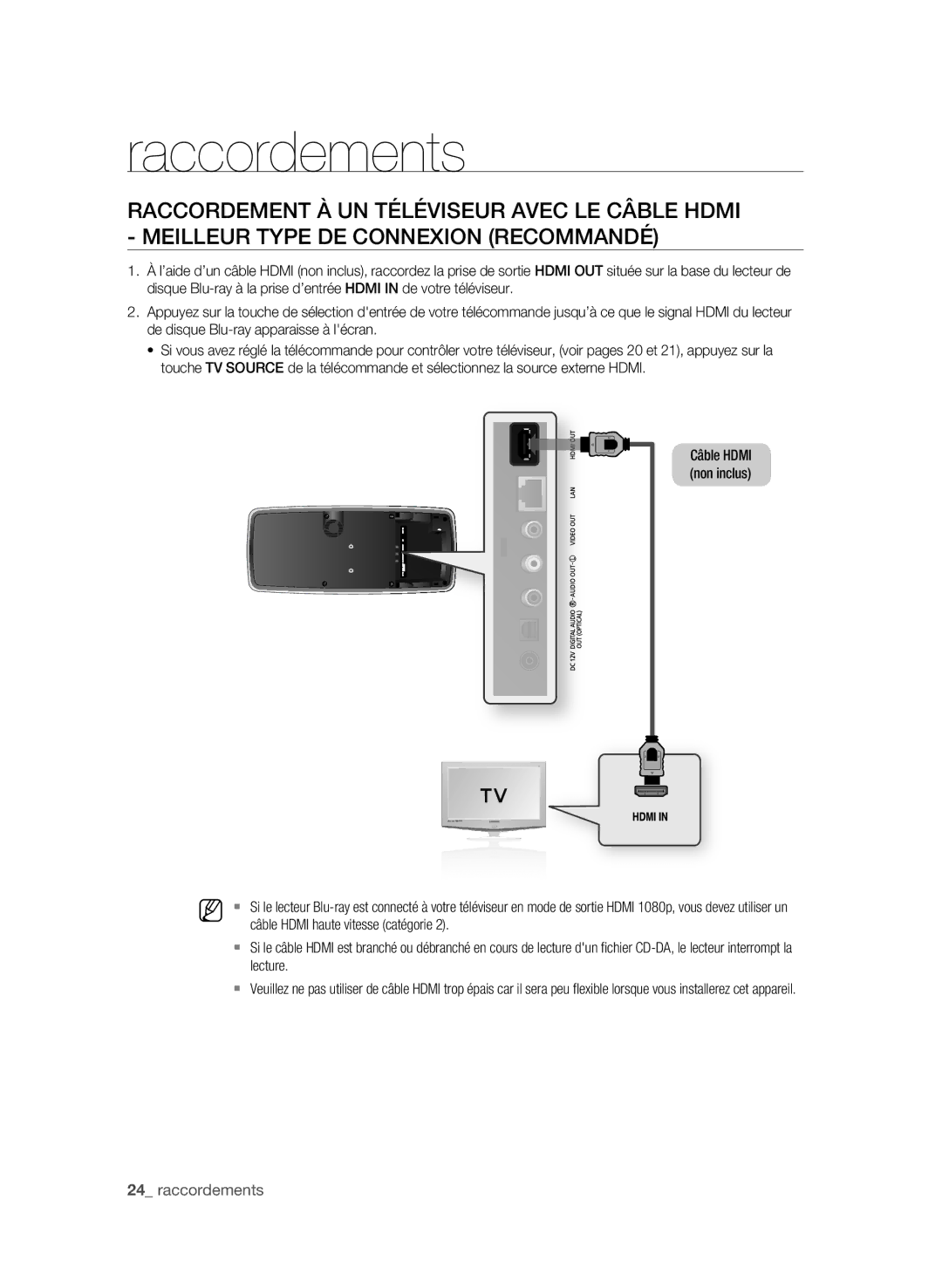 Samsung BD-P4600 user manual Câble Hdmi haute vitesse catégorie, Lecture 