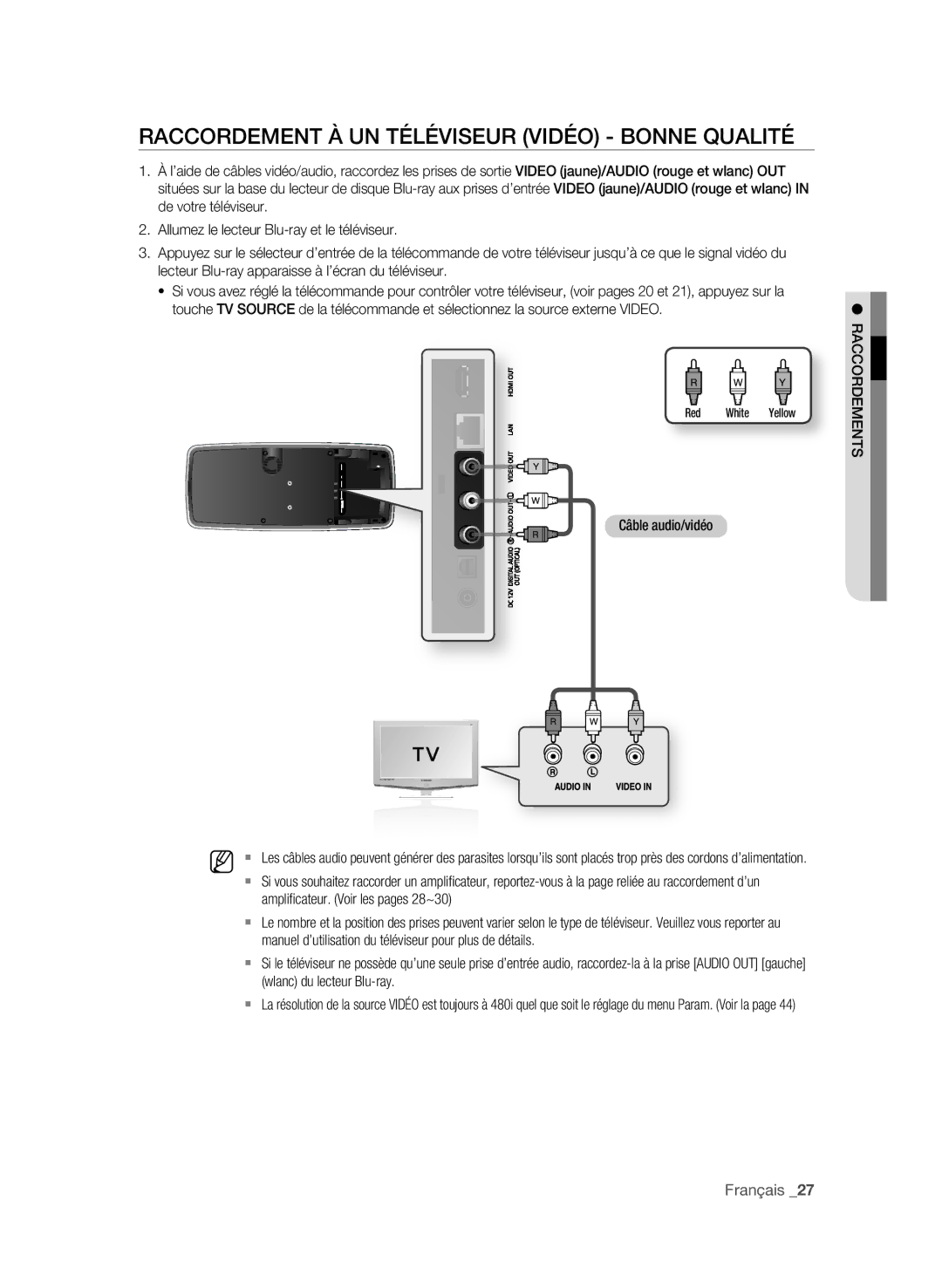 Samsung BD-P4600 user manual RAccOrdement À un téLéviseur vidéO bOnne QuALité, Français 2, Câble audio/vidéo 