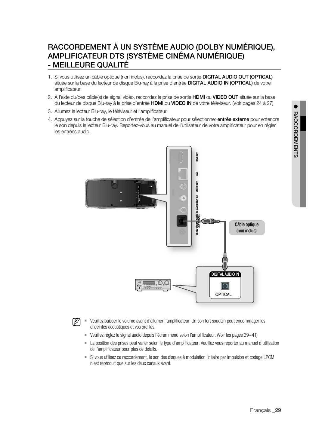 Samsung BD-P4600 user manual De l’amplificateur pour plus de détails, Nest reproduit que sur les deux canaux avant 