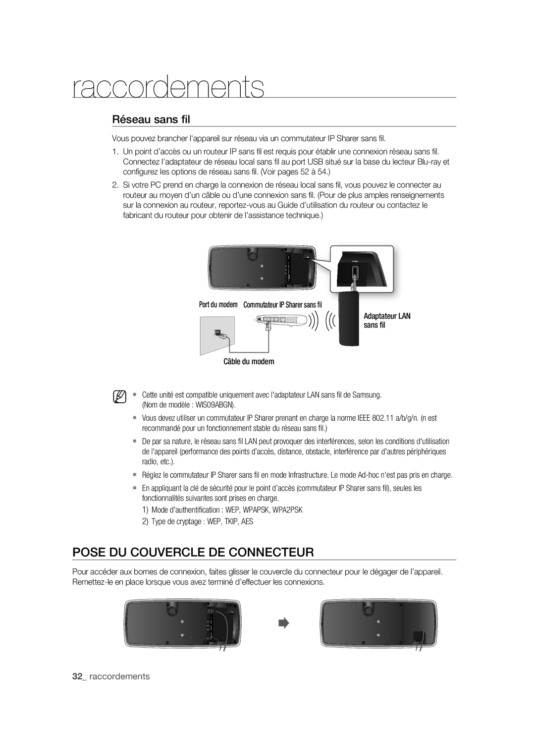 Samsung BD-P4600 user manual POse du cOuvercLe de cOnnecteur, Réseau sans fil 