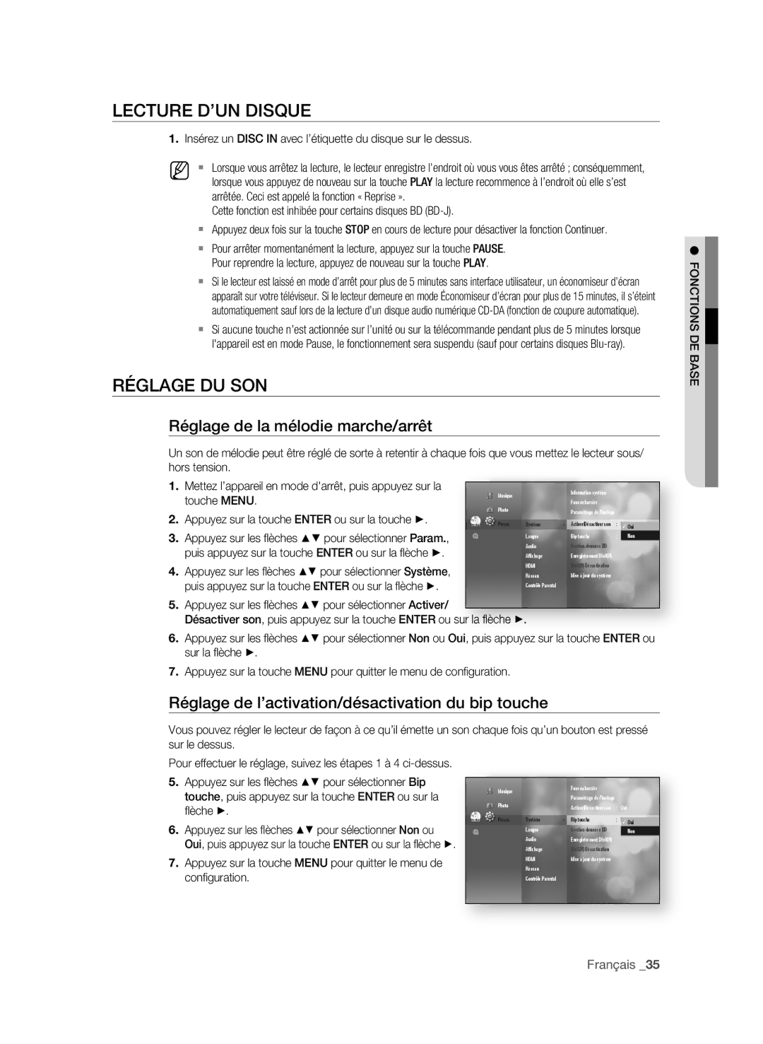 Samsung BD-P4600 user manual Lecture d’un disQue, RégLAge du sOn, Réglage de la mélodie marche/arrêt, Français 3 