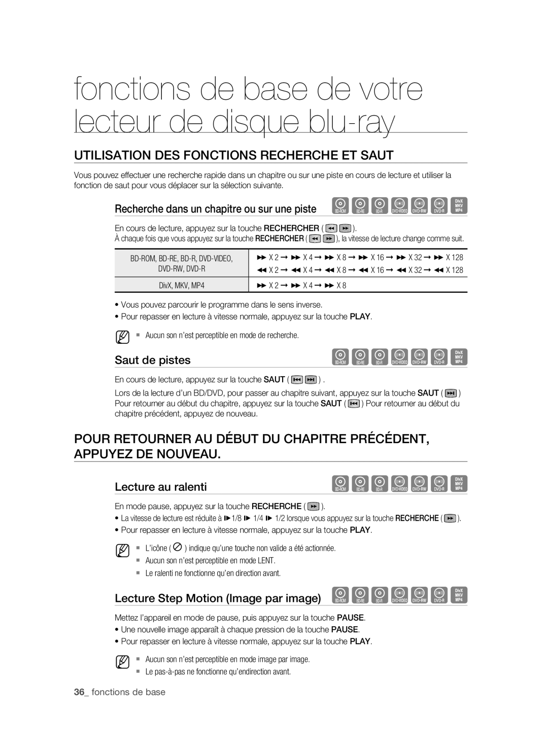 Samsung BD-P4600 Utilisation des fonctions Recherche et saut, Recherche dans un chapitre ou sur une piste hgfZCV 