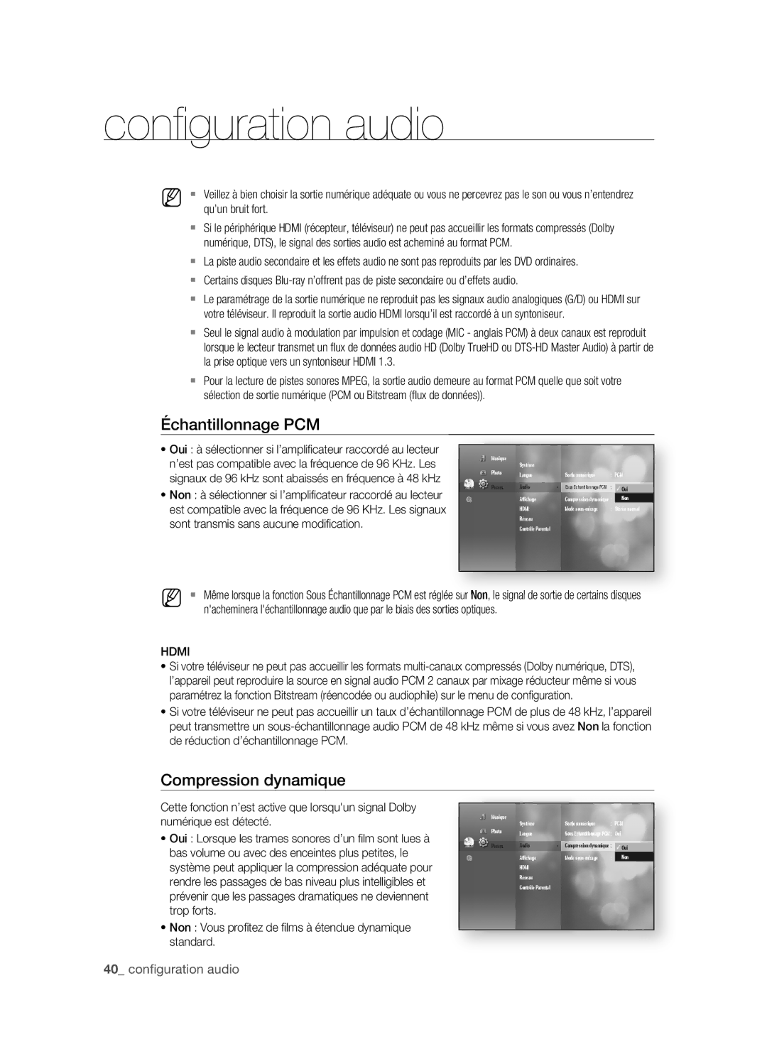 Samsung BD-P4600 user manual Échantillonnage Pcm, Compression dynamique, 0 confi guration audio 