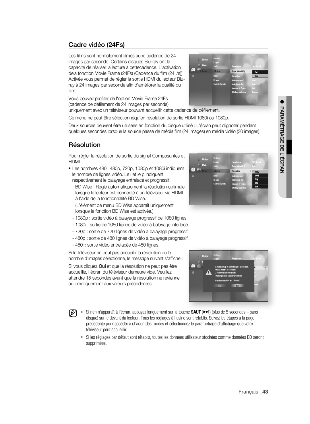 Samsung BD-P4600 user manual Cadre vidéo 24Fs, Résolution, Français 3, 480i sortie vidéo entrelacée de 480 lignes, ’écrAn 