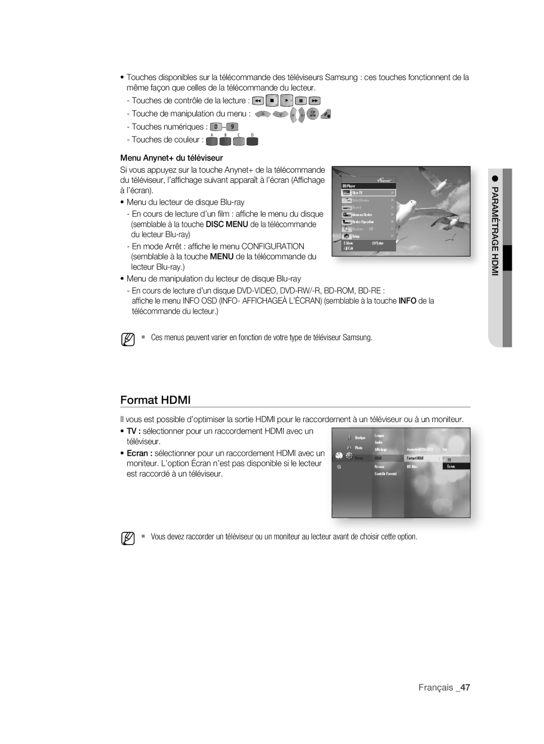 Samsung BD-P4600 user manual Tv sélectionner pour un raccordement Hdmi avec un, Téléviseur, Est raccordé à un téléviseur 