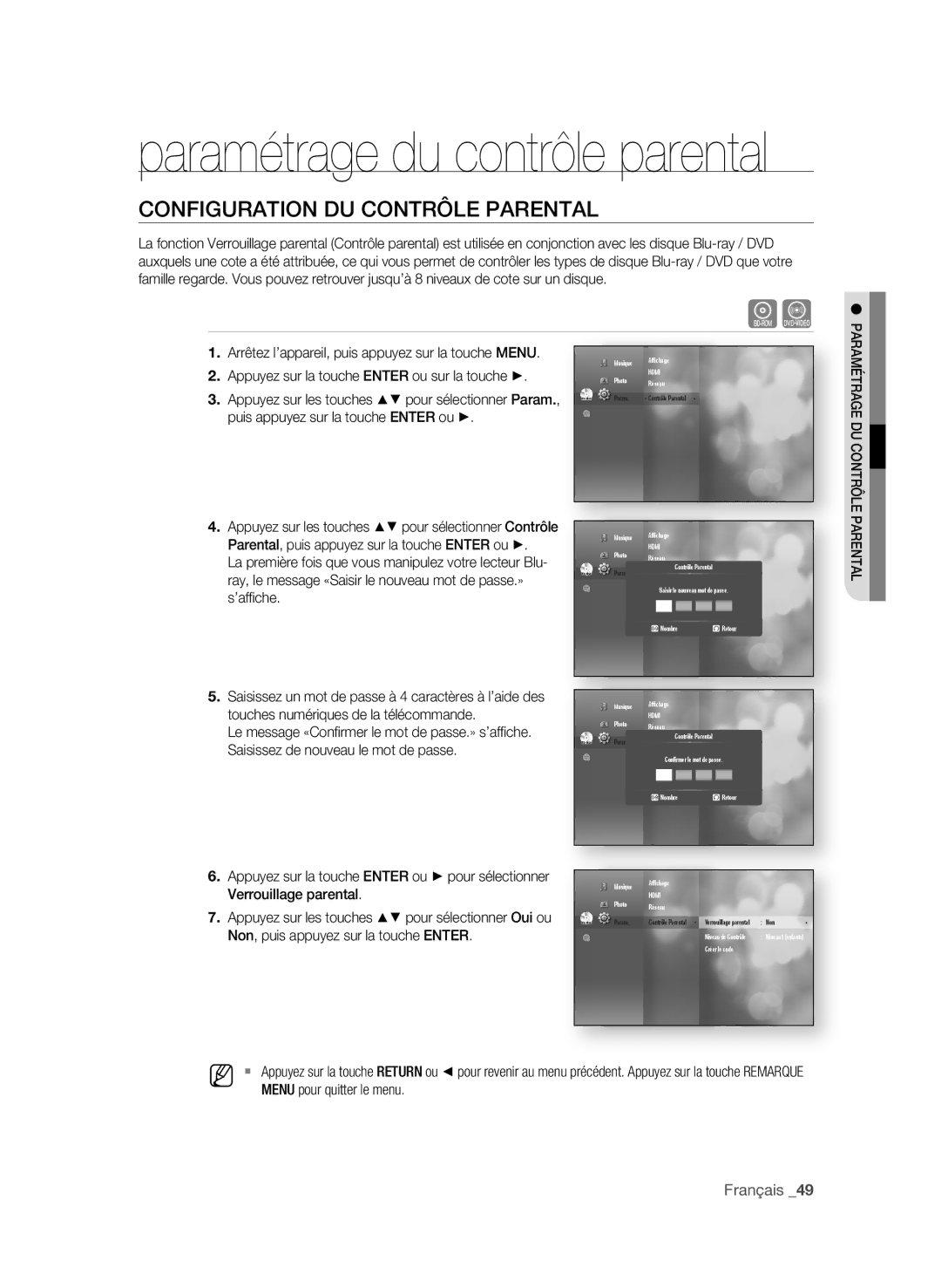 Samsung BD-P4600 COnFigurAtiOn du cOntrôLe PArentAL, Menu pour quitter le menu, PArAmétrAge du cOntrôLe PArentAL 