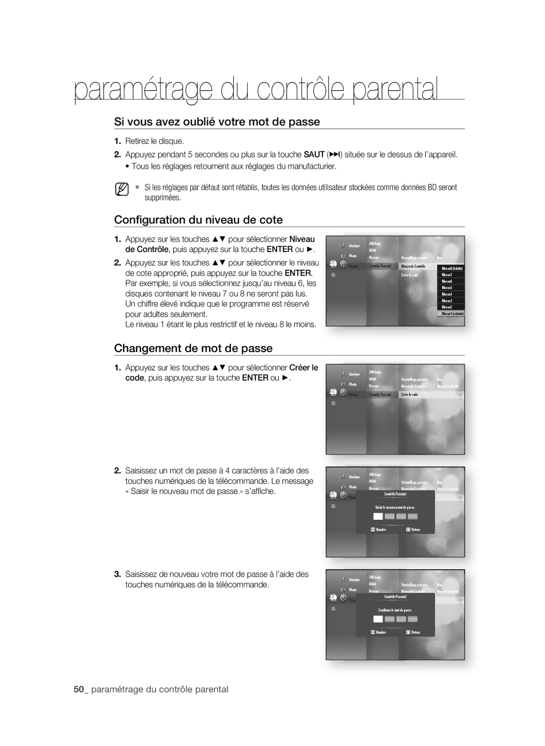 Samsung BD-P4600 Si vous avez oublié votre mot de passe, Changement de mot de passe, 0 paramétrage du contrôle parental 