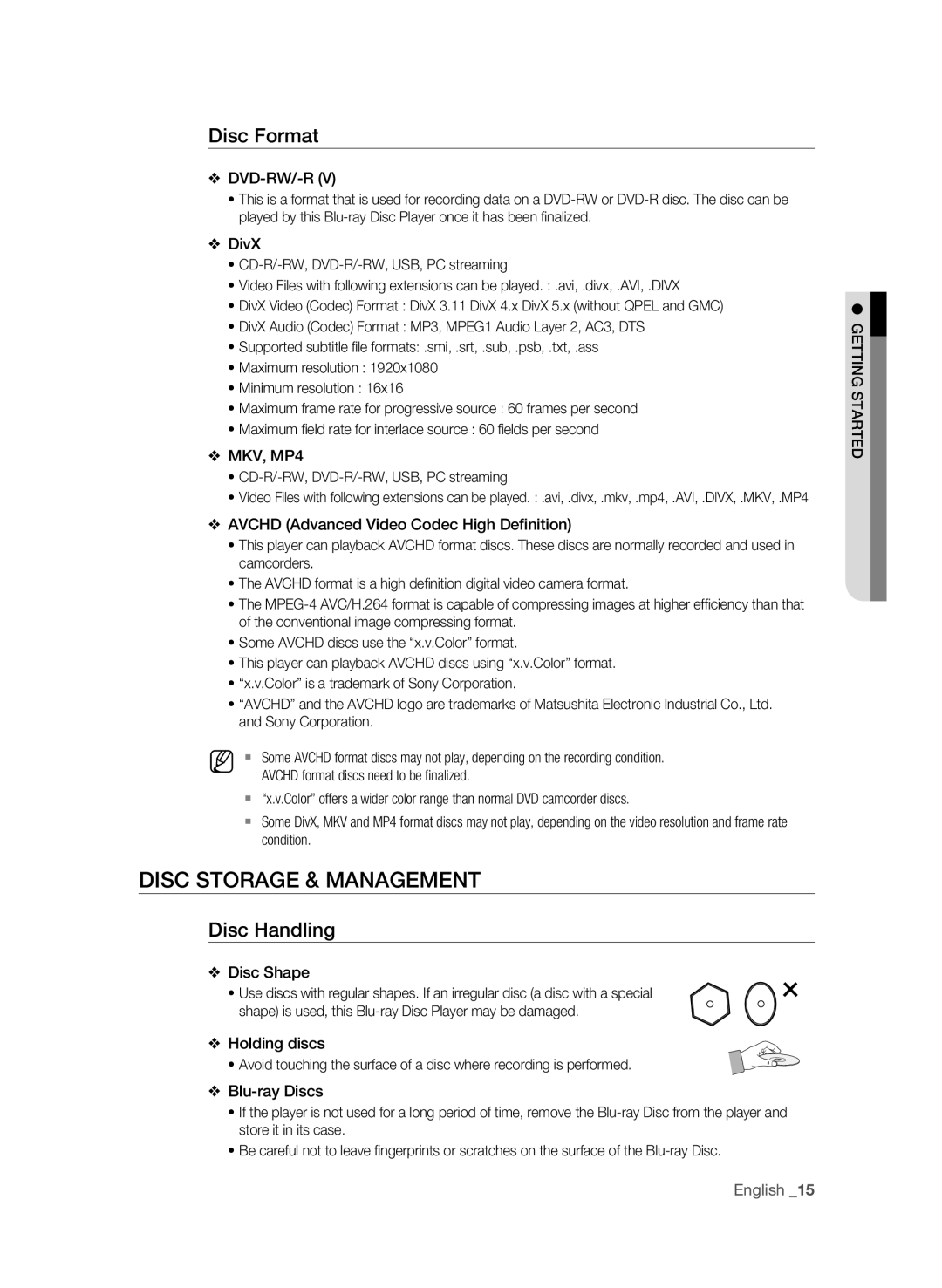 Samsung BD-P4600 user manual Disc Storage & Management, Disc Format, Disc Handling 