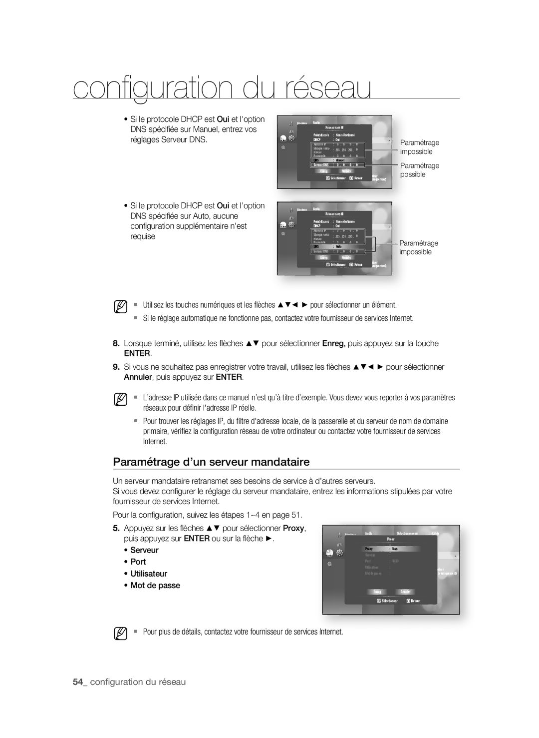 Samsung BD-P4600 user manual Paramétrage d’un serveur mandataire,  confi guration du réseau 