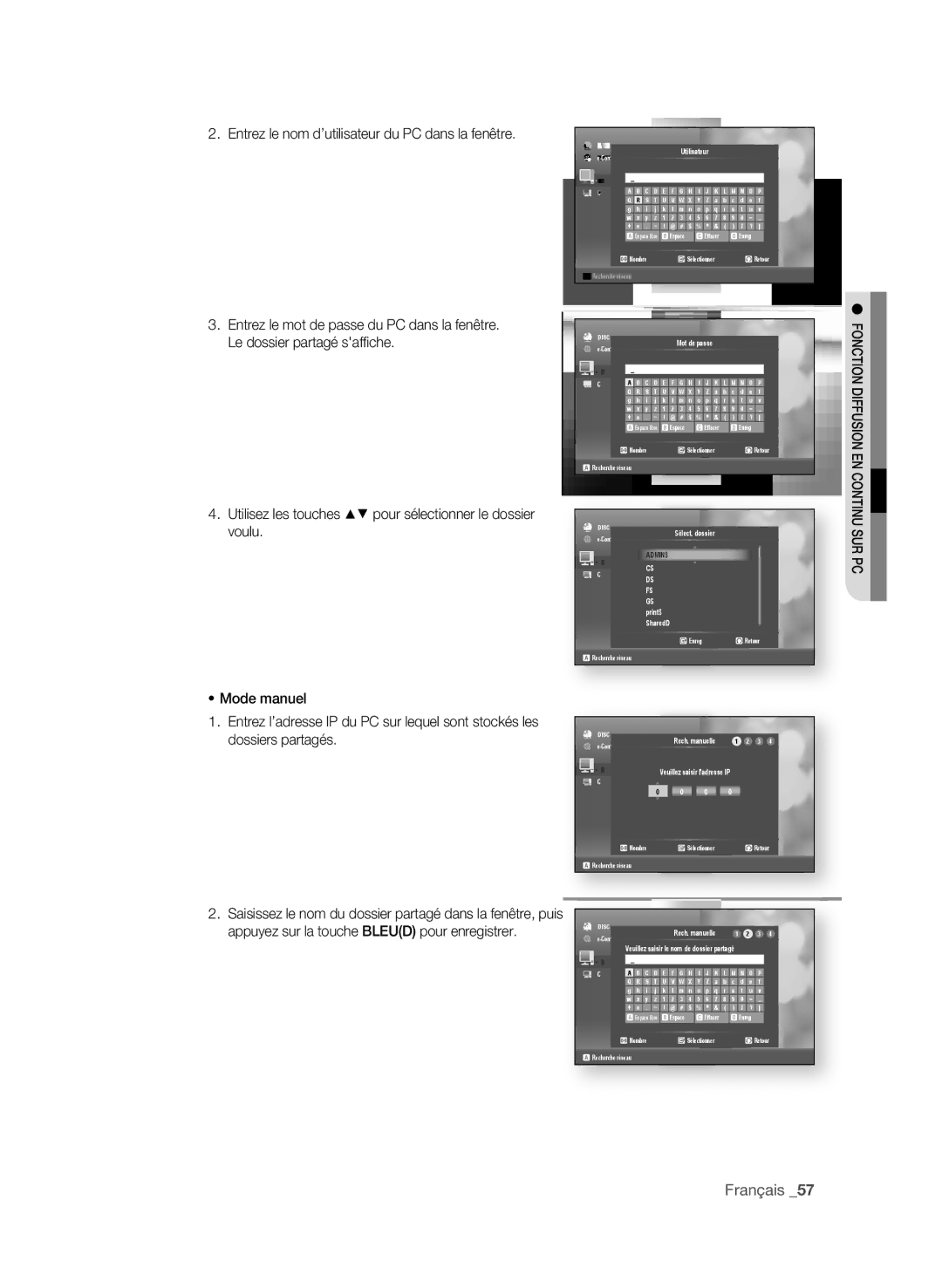 Samsung BD-P4600 user manual Entrez le nom d’utilisateur du PC dans la fenêtre 