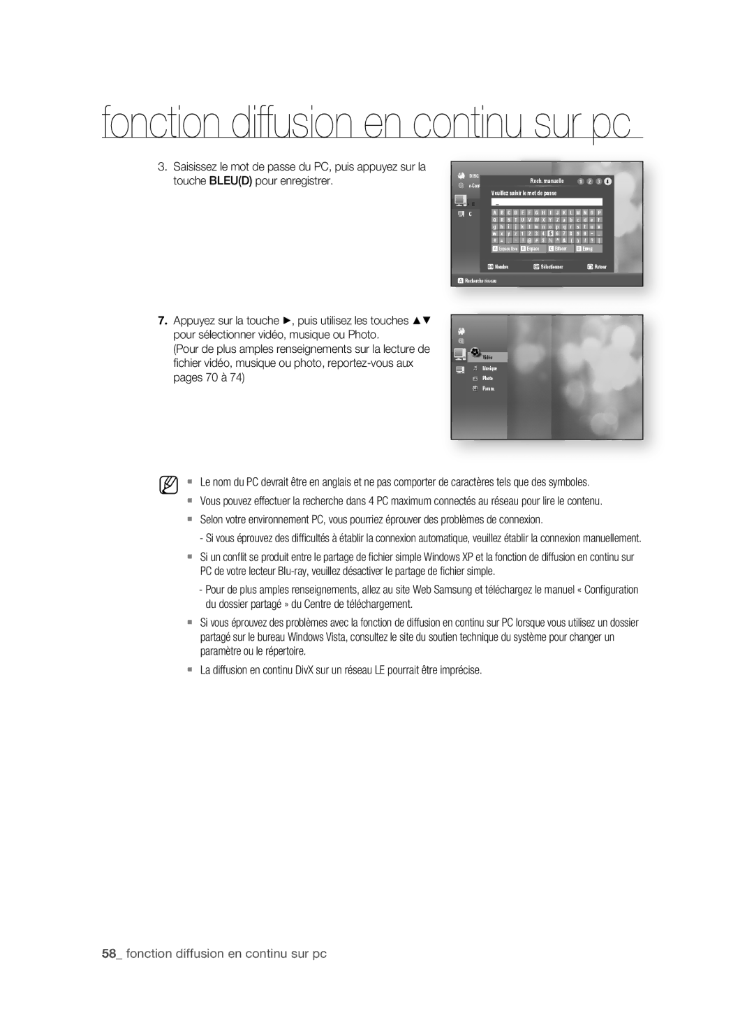 Samsung BD-P4600 user manual Rech. manuelle Contents Veuillez saisir le mot de passe 